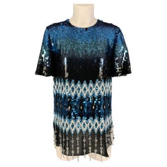 PRABAL GURUNG Size XS Blue Black Embroidered Silk Sequined Short Sleeve Top