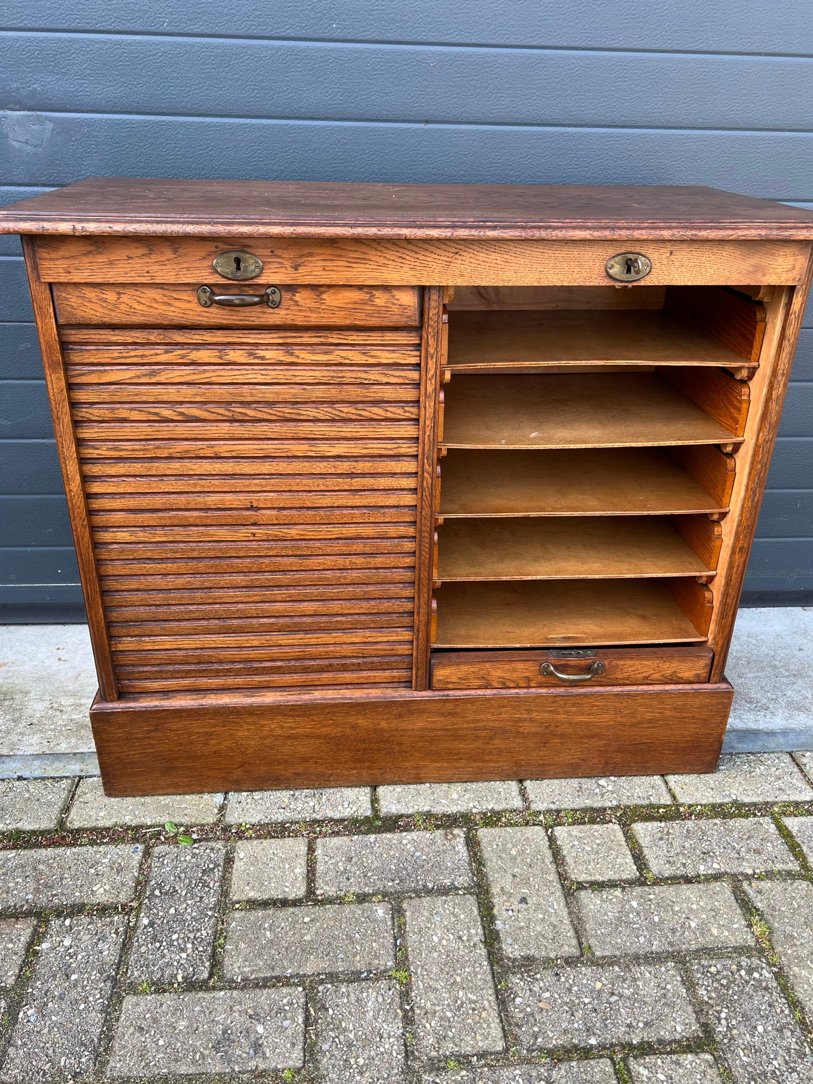 Practical Dutch Arts & Crafts Filing Cabinet with Double Roller Door and Drawers In Excellent Condition In Lisse, NL