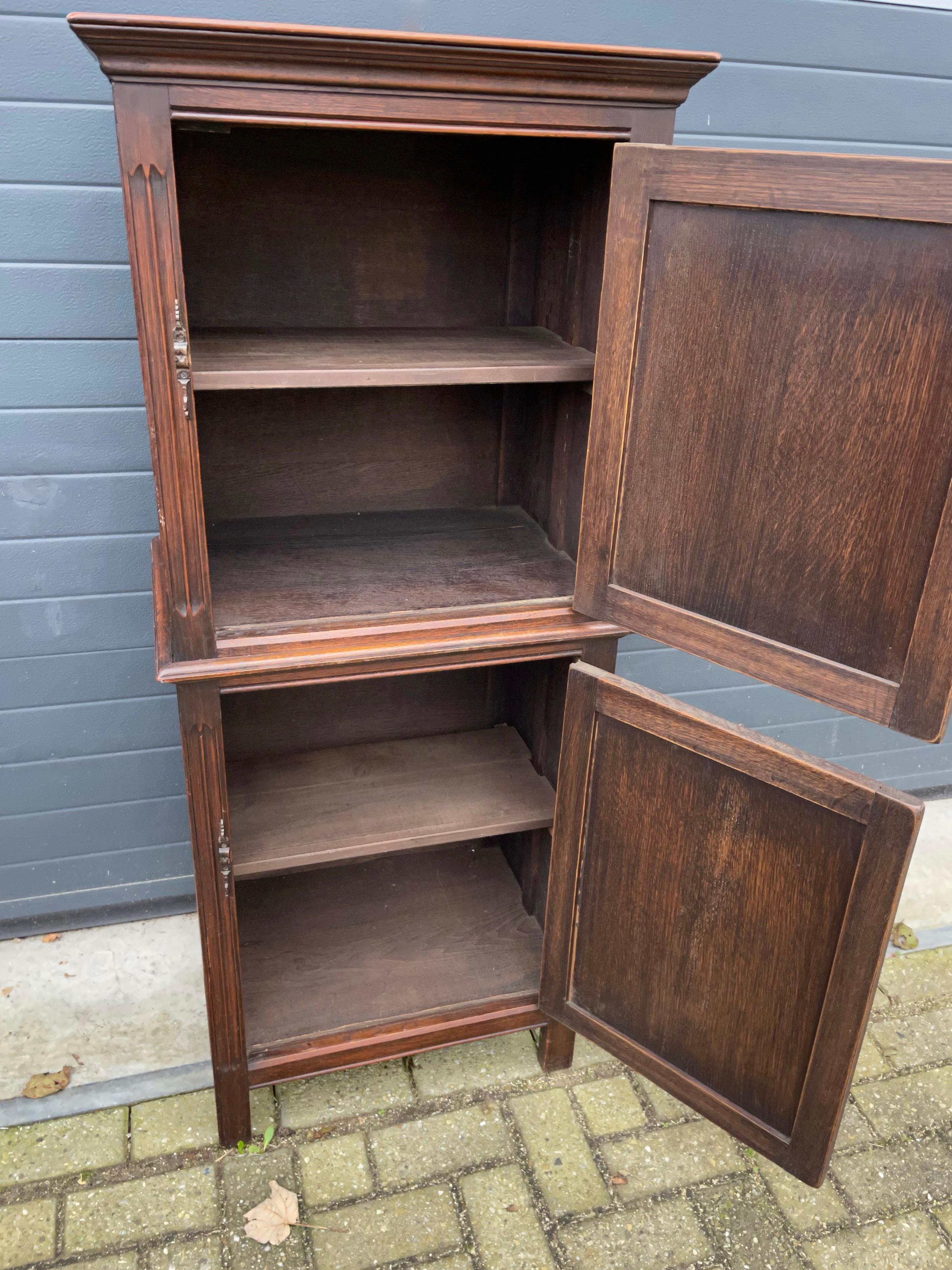 Practical Gothic Revival Carved Two Door Dry Bar Cabinet / Bookcase w. Iron Lock For Sale 4