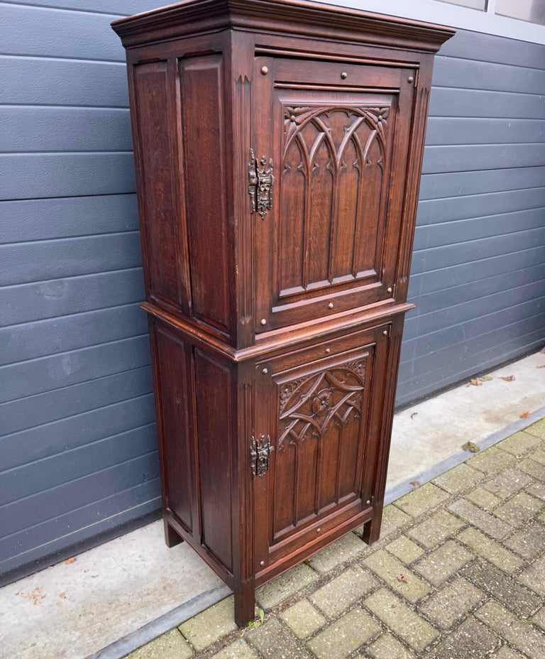 Practical Gothic Revival Carved Two Door Dry Bar Cabinet / Bookcase w ...