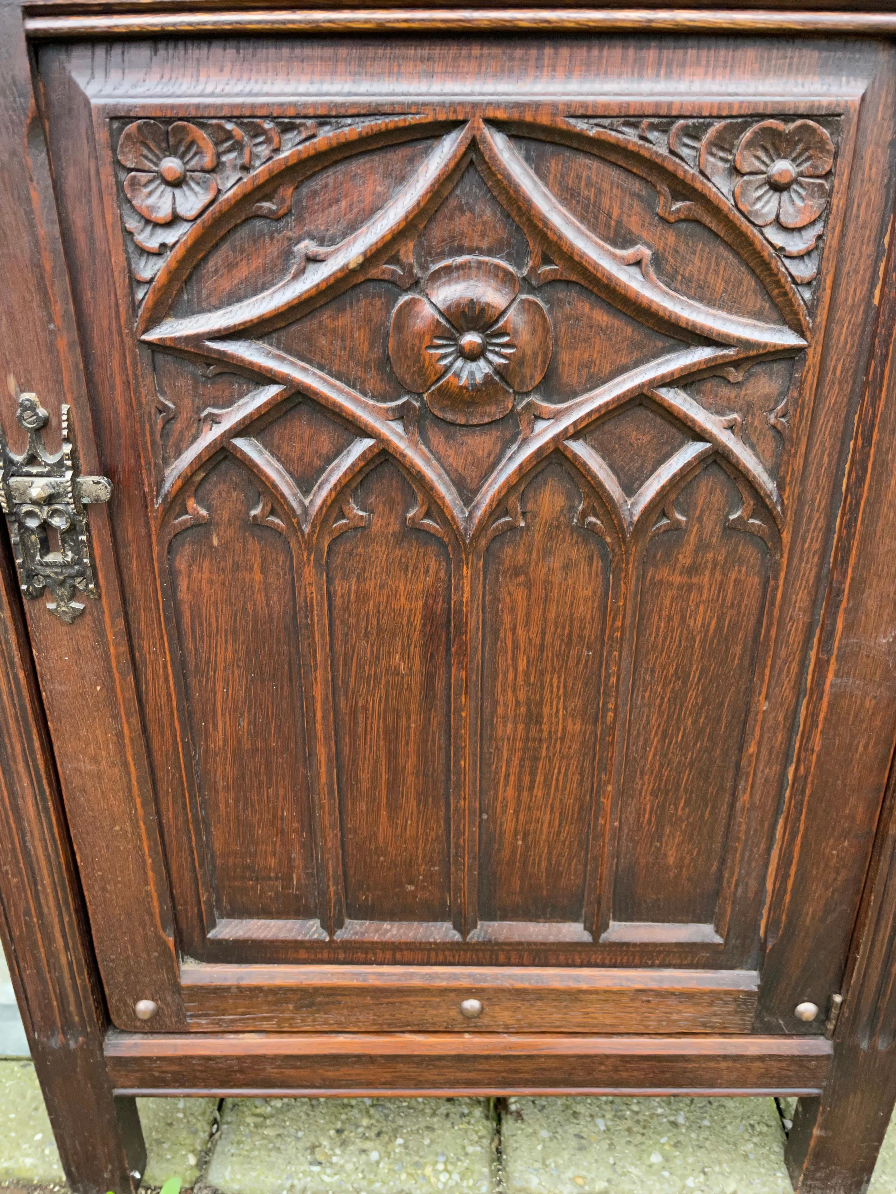 Dutch Practical Gothic Revival Carved Two Door Dry Bar Cabinet / Bookcase w. Iron Lock For Sale