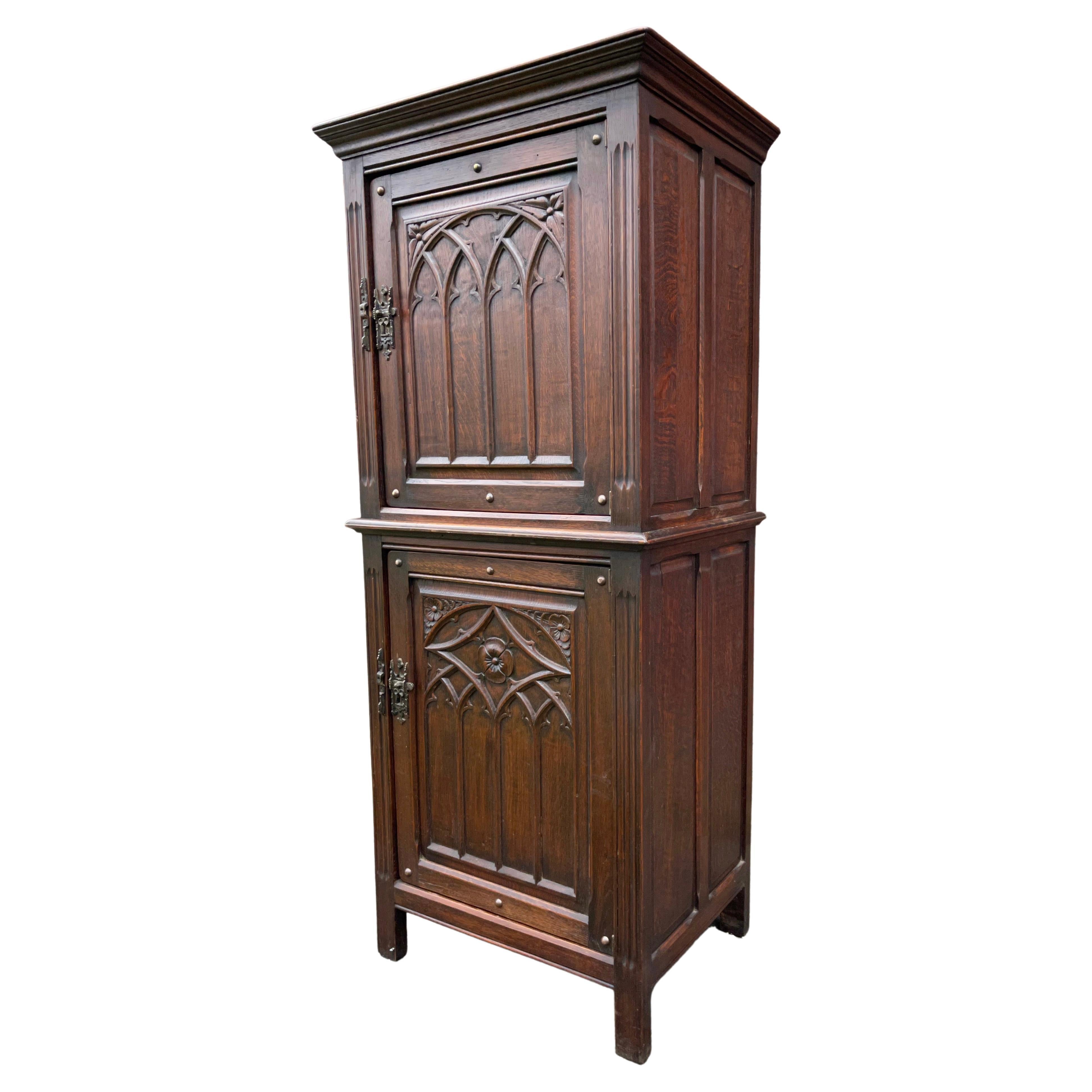 Practical Gothic Revival Carved Two Door Dry Bar Cabinet / Bookcase w. Iron Lock For Sale