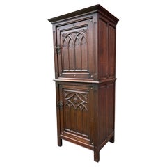 Practical Gothic Revival Carved Two Door Dry Bar Cabinet / Bookcase w. Iron Lock