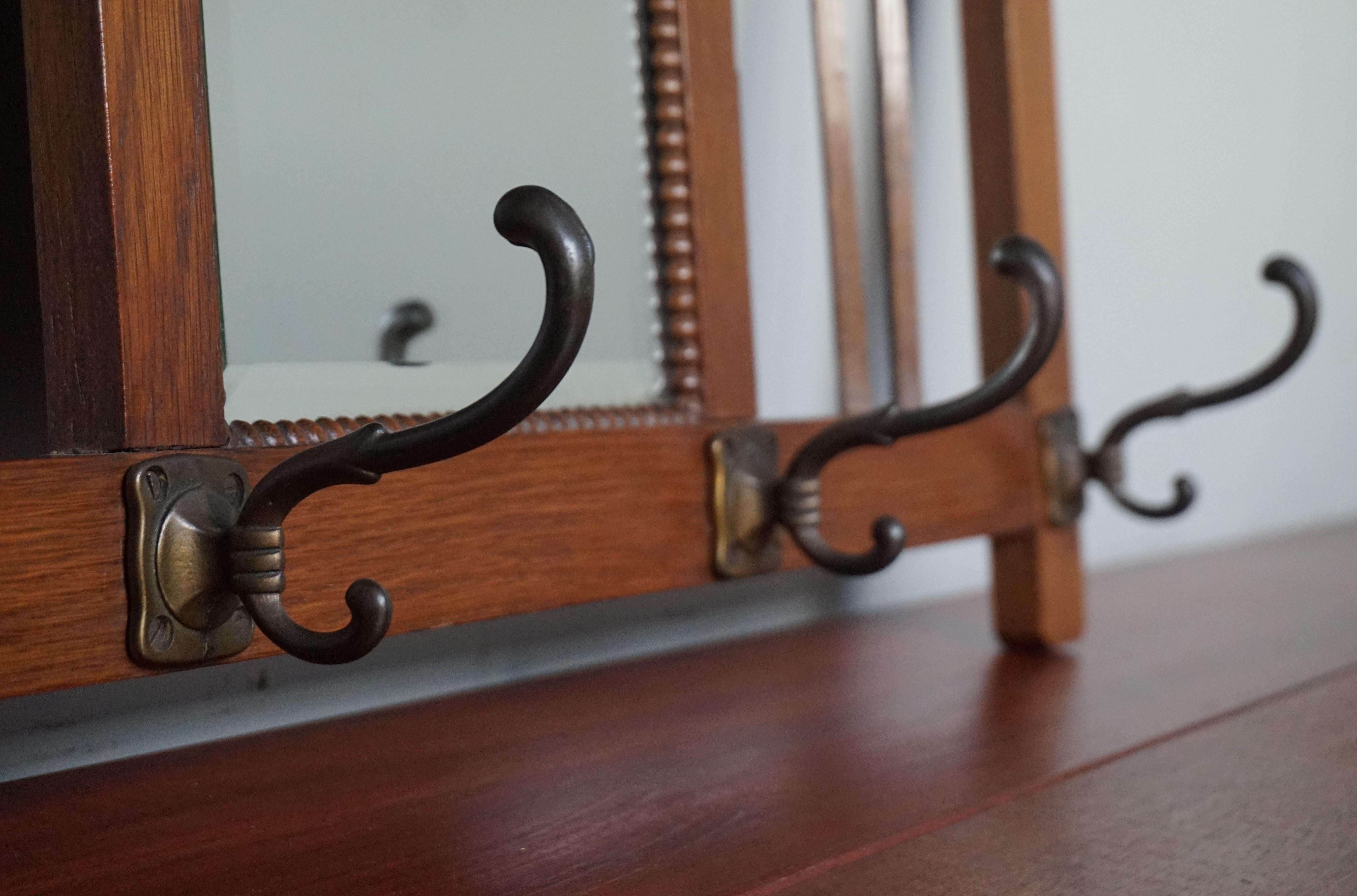 Practical Size and Very Stylish Arts & Crafts Wall Coat Rack with Beveled Mirror For Sale 1