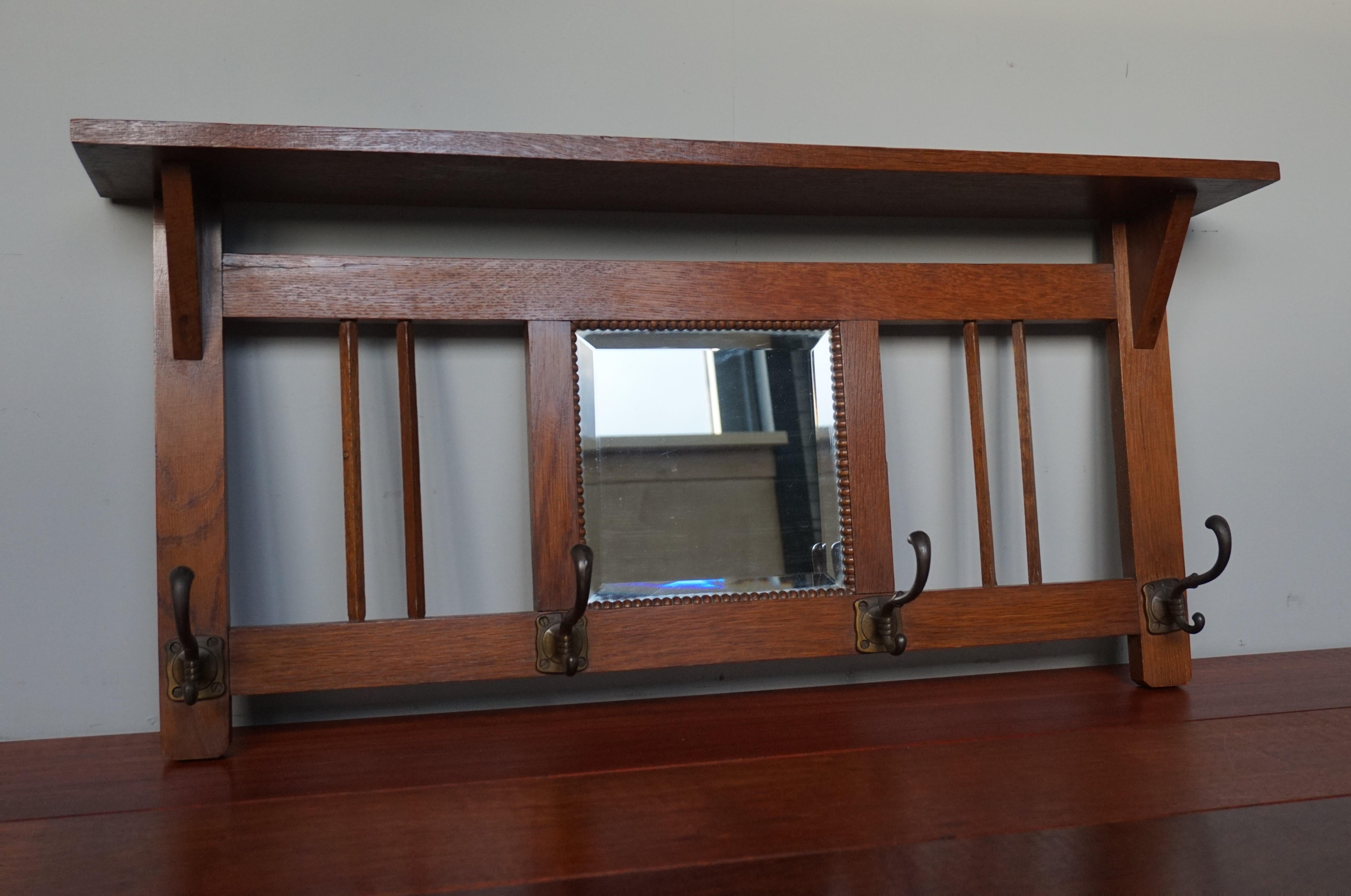 Practical Size and Very Stylish Arts & Crafts Wall Coat Rack with Beveled Mirror In Good Condition For Sale In Lisse, NL