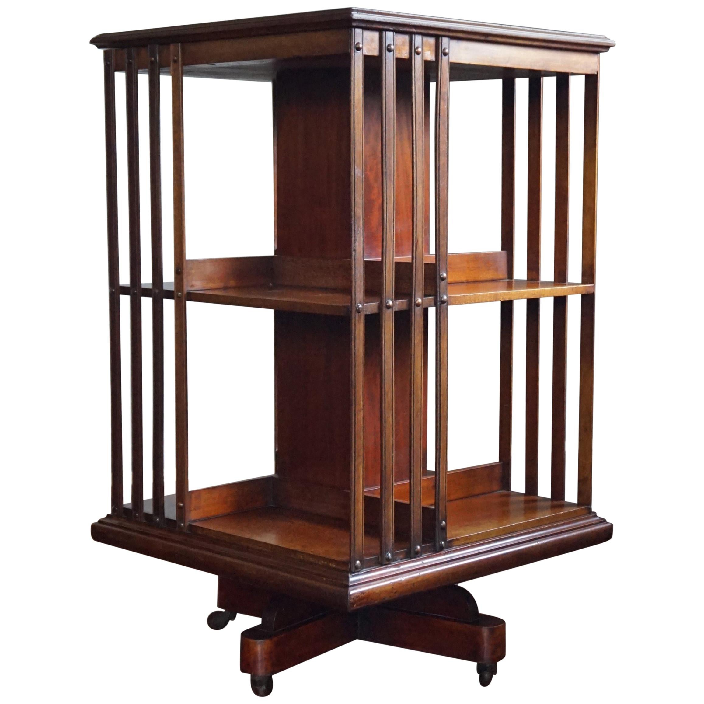 Practical Size Antique Late 19th Century Mahogany Revolving Bookcase on Wheels