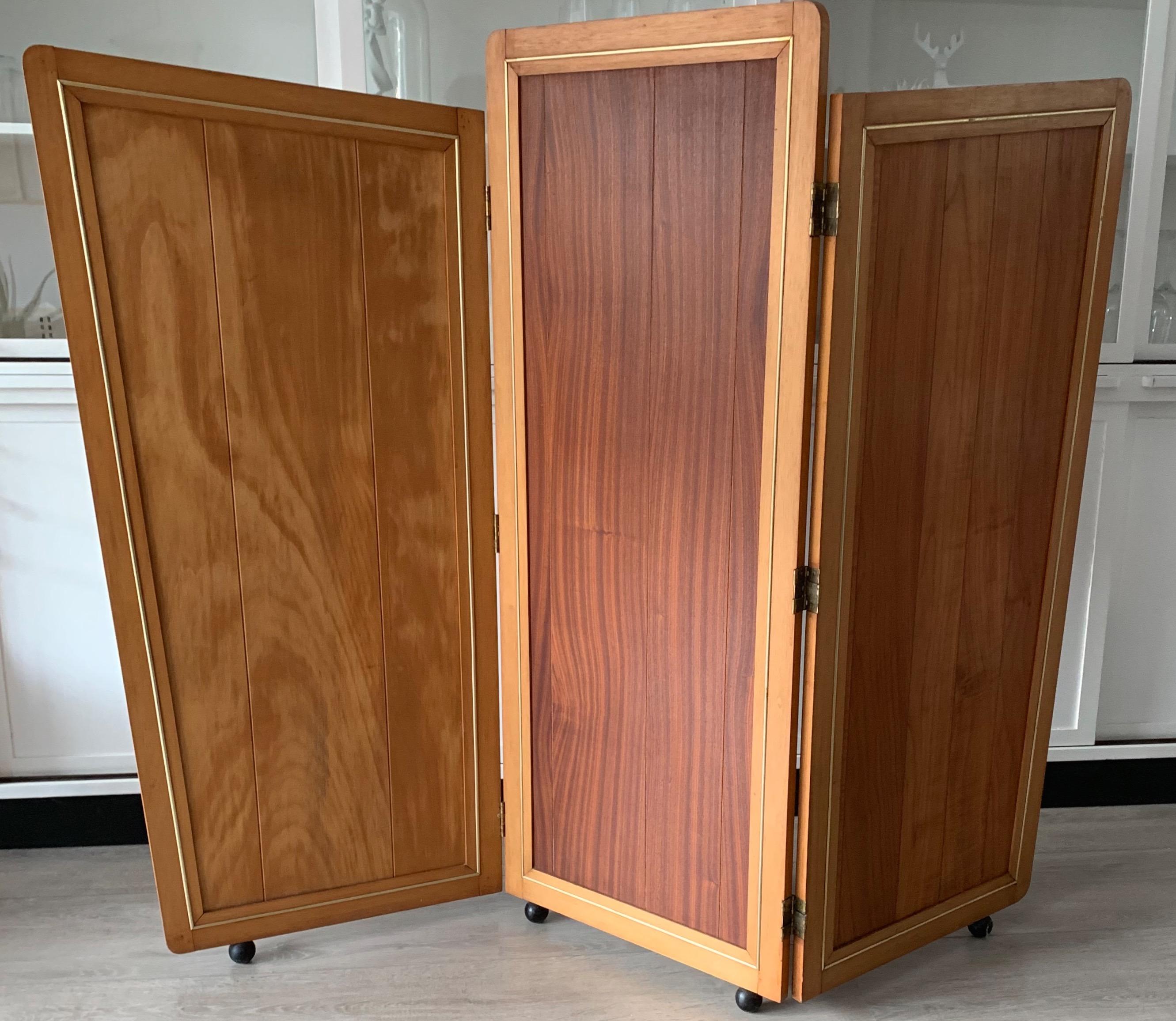 Hand-Crafted Practical Size Art Deco Solid Wood & Brass Banding Folding Screen / Room Divider