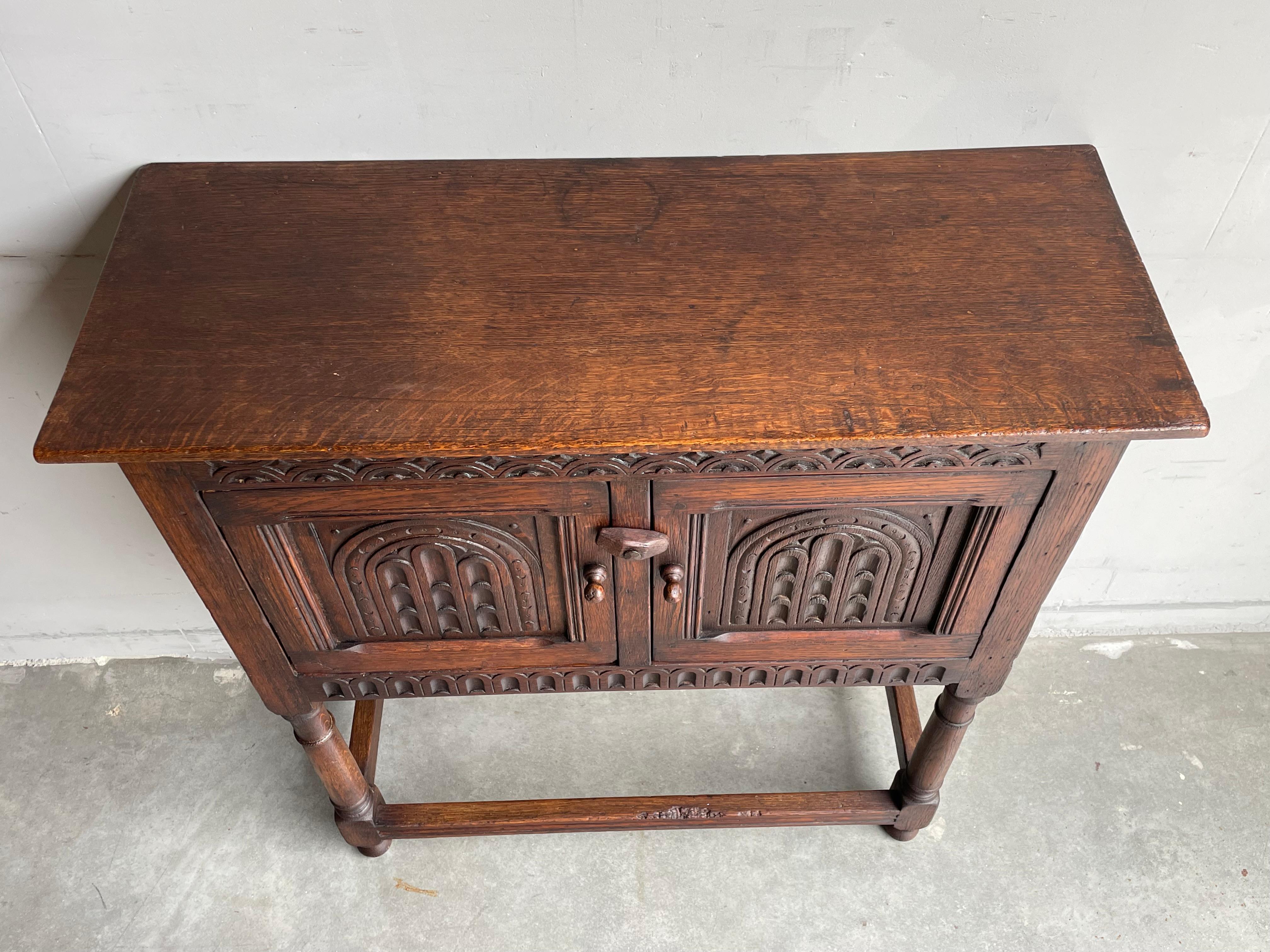 Practical Size Dutch Gothic Revival Solid Oak Sidetable / Small Cabinet Mid-1800 13