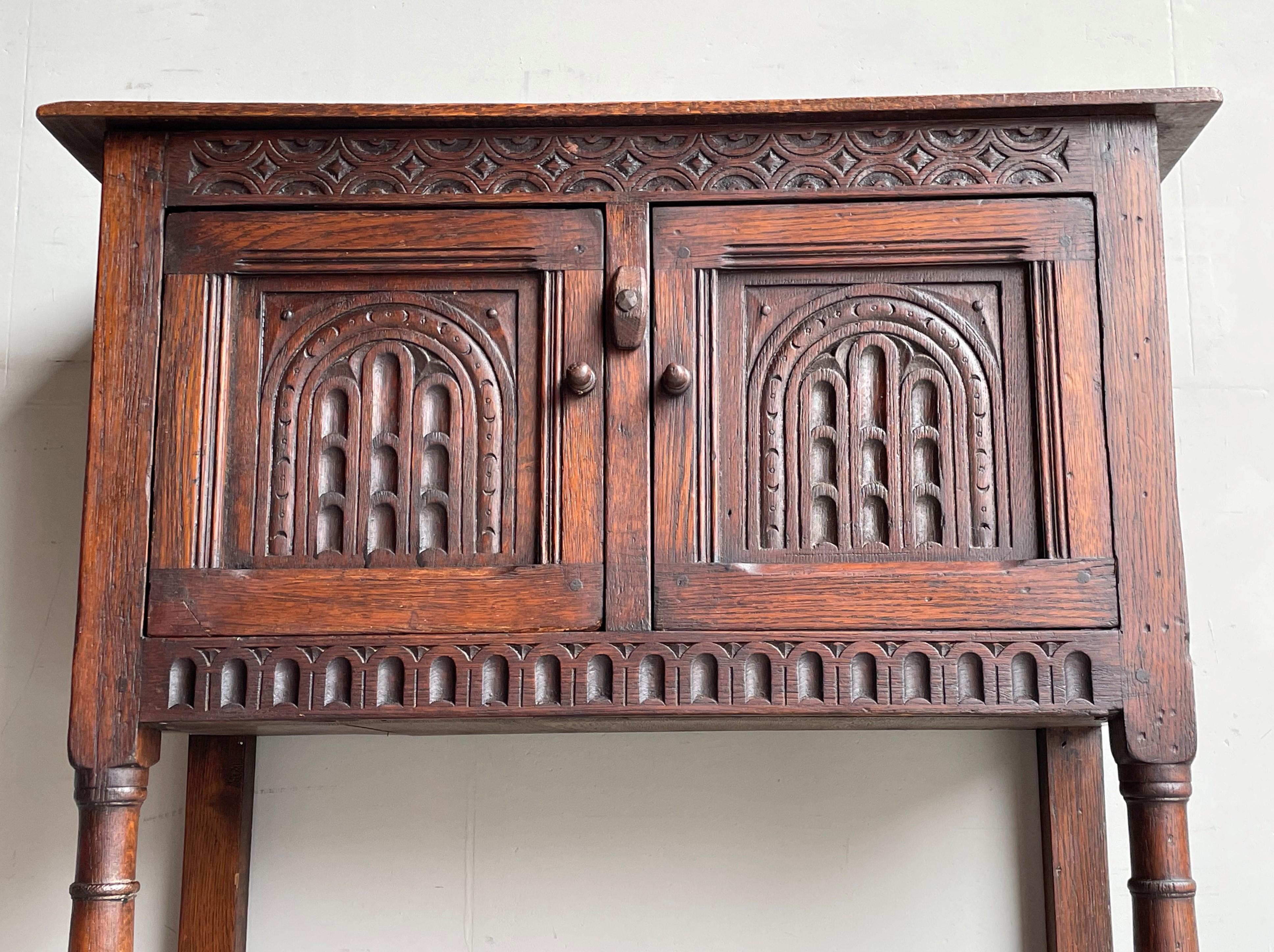 Hand-Carved Practical Size Dutch Gothic Revival Solid Oak Sidetable / Small Cabinet Mid-1800