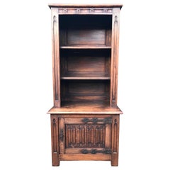 Practical Size Gothic Revival Bookcase Carved Cabinet, Iron Lock Plate & Hinges