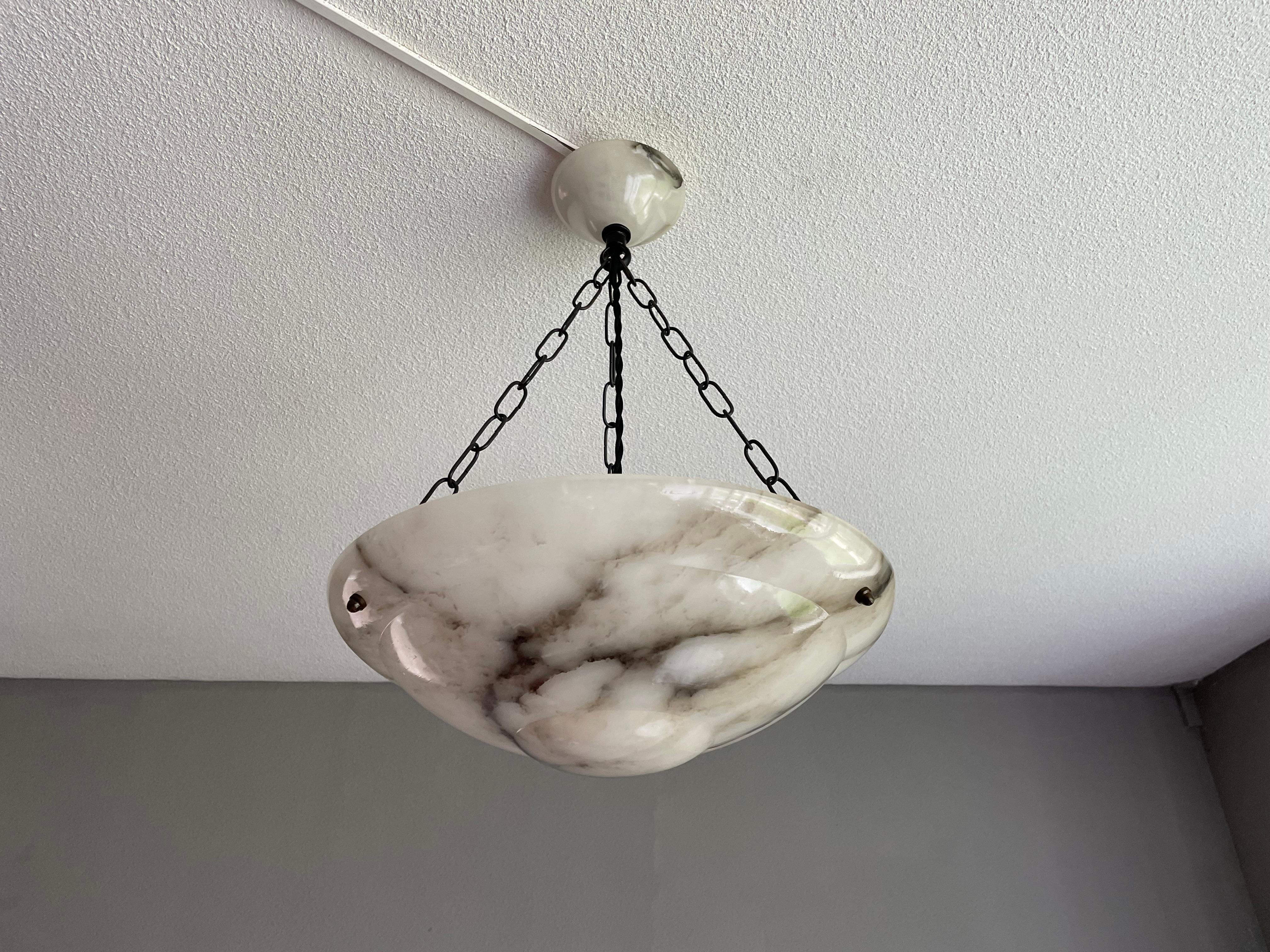 Practical Size White Alabaster Pendant Light / Excellent Condition Fixture 1920 In Good Condition In Lisse, NL