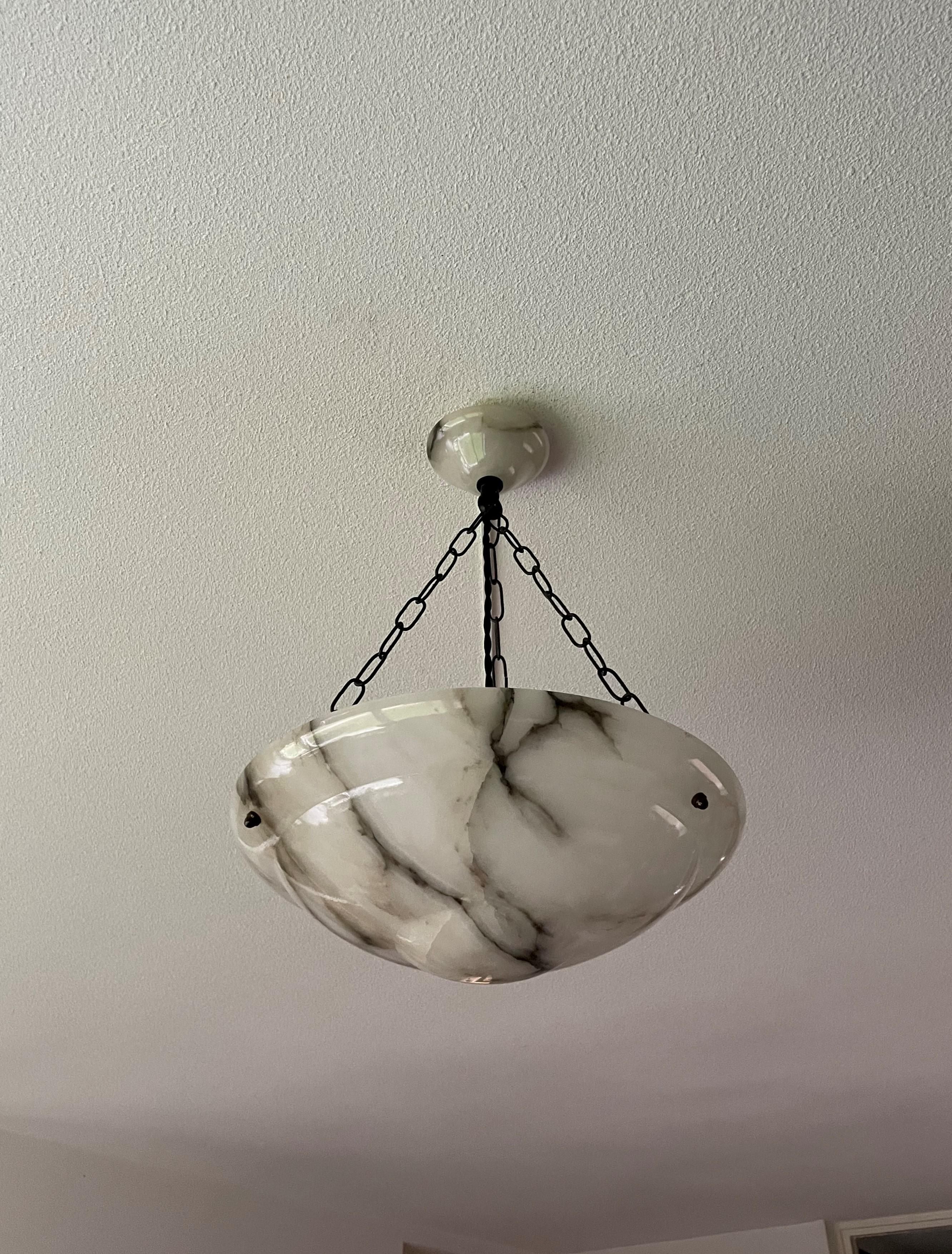 20th Century Practical Size White Alabaster Pendant Light / Excellent Condition Fixture 1920