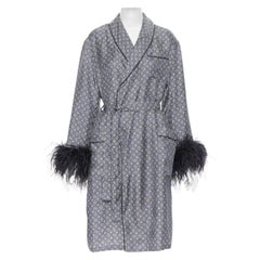 PRADA 100% silk blue green paisley print black feather cuff robe jacket M