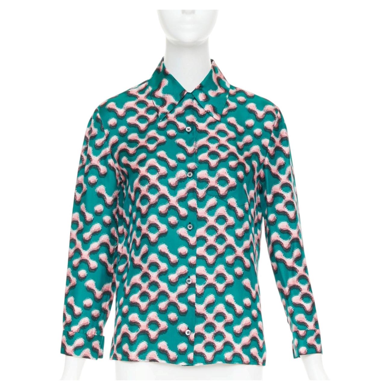 PRADA 100% soie verte rose chemise à manches longues imprimée géométrique IT38 XS