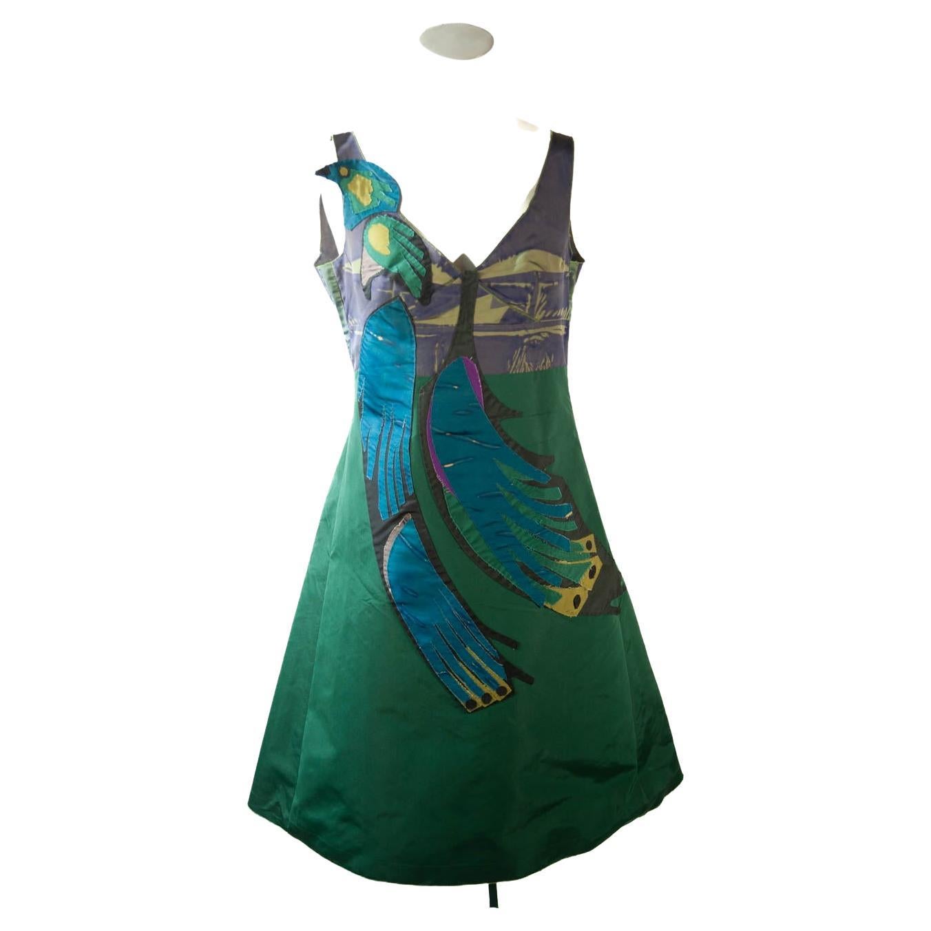 Prada, Silk Peacock Appliqué, Limited Ed. Runway Collection Dress, S/S 2005 For Sale