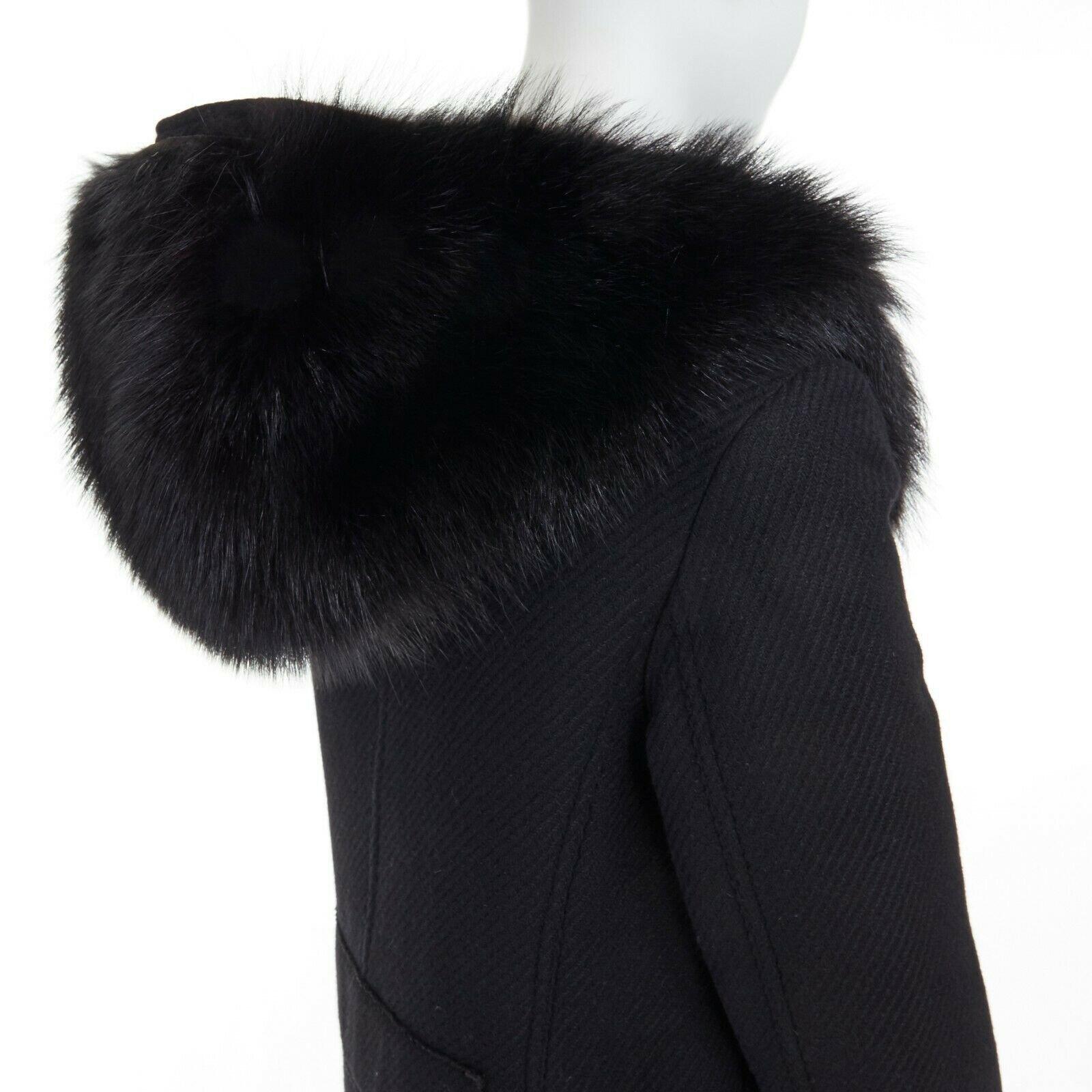 PRADA 100% virgin wool black removable fur hood zip front jacket IT42 M 5