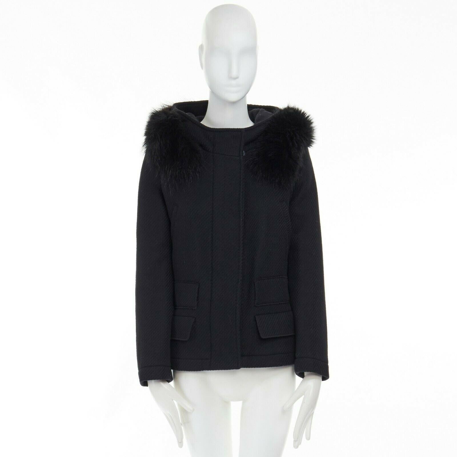 Black PRADA 100% virgin wool black removable fur hood zip front jacket IT42 M
