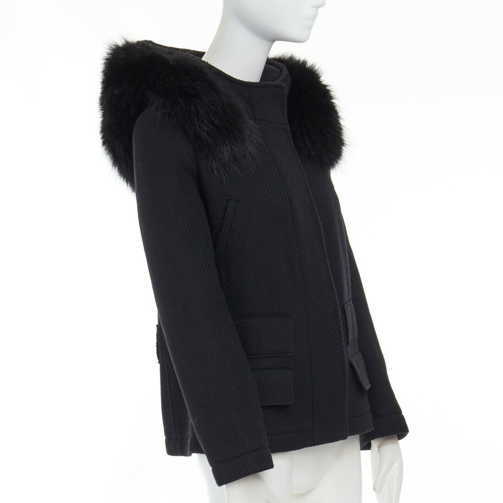 PRADA 100% virgin wool black removable fur hood zip front jacket IT42 M In Good Condition In Hong Kong, NT