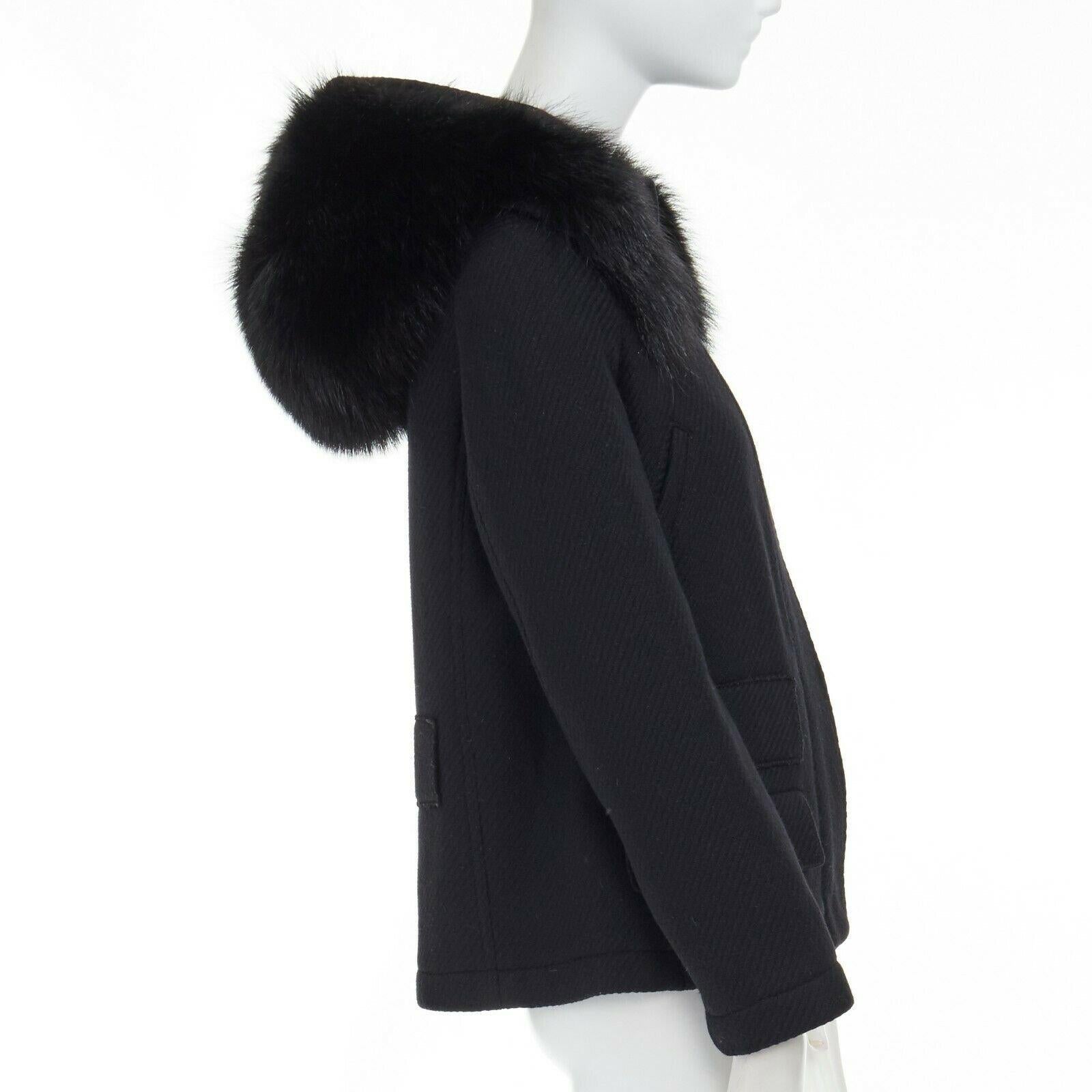 Women's PRADA 100% virgin wool black removable fur hood zip front jacket IT42 M