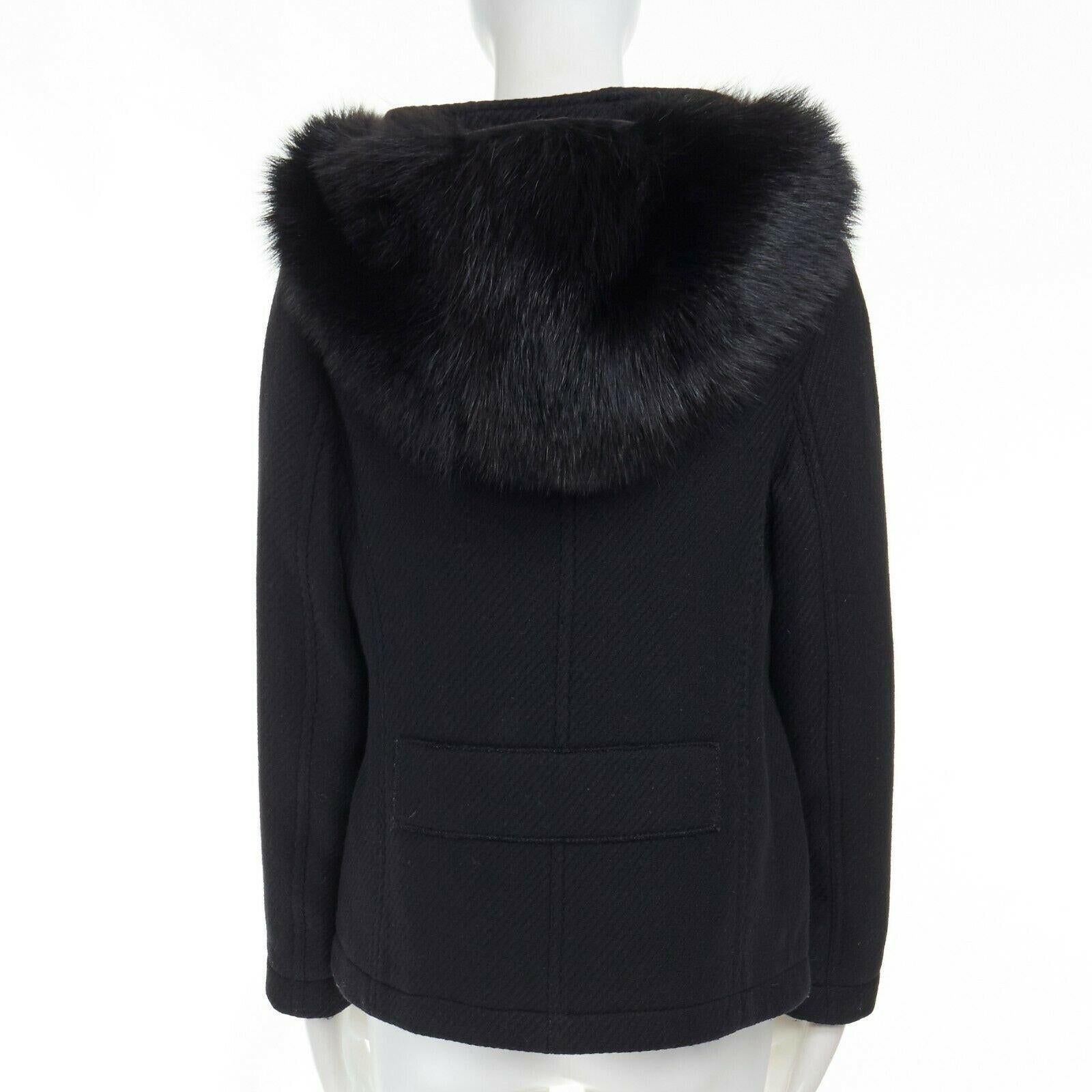 PRADA 100% virgin wool black removable fur hood zip front jacket IT42 M 1
