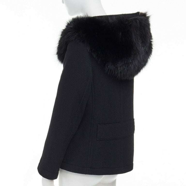 PRADA 100% virgin wool black removable fur hood zip front jacket IT42 M at  1stDibs