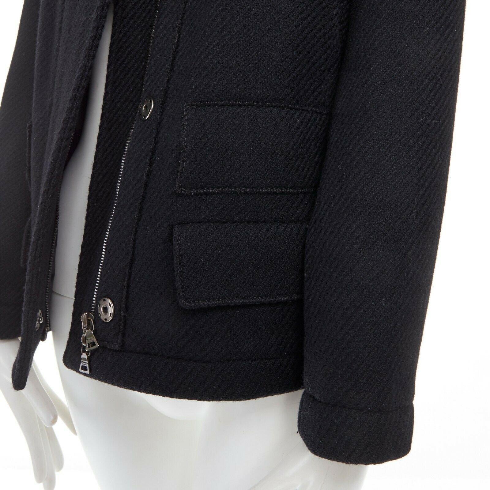 PRADA 100% virgin wool black removable fur hood zip front jacket IT42 M 4