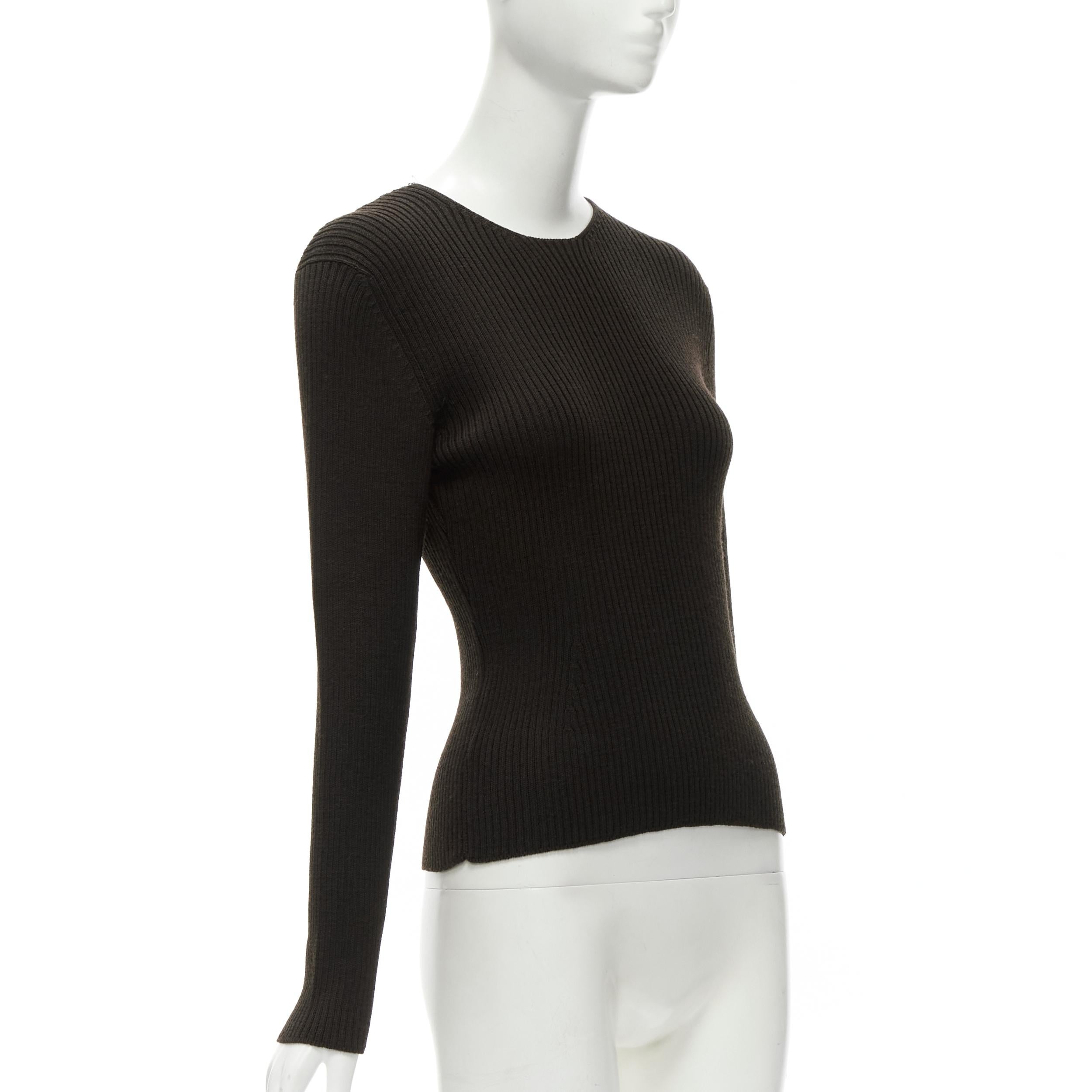 Black PRADA 100% wool dark brown ribbed crew neck long sleeve sweater top IT42 M For Sale