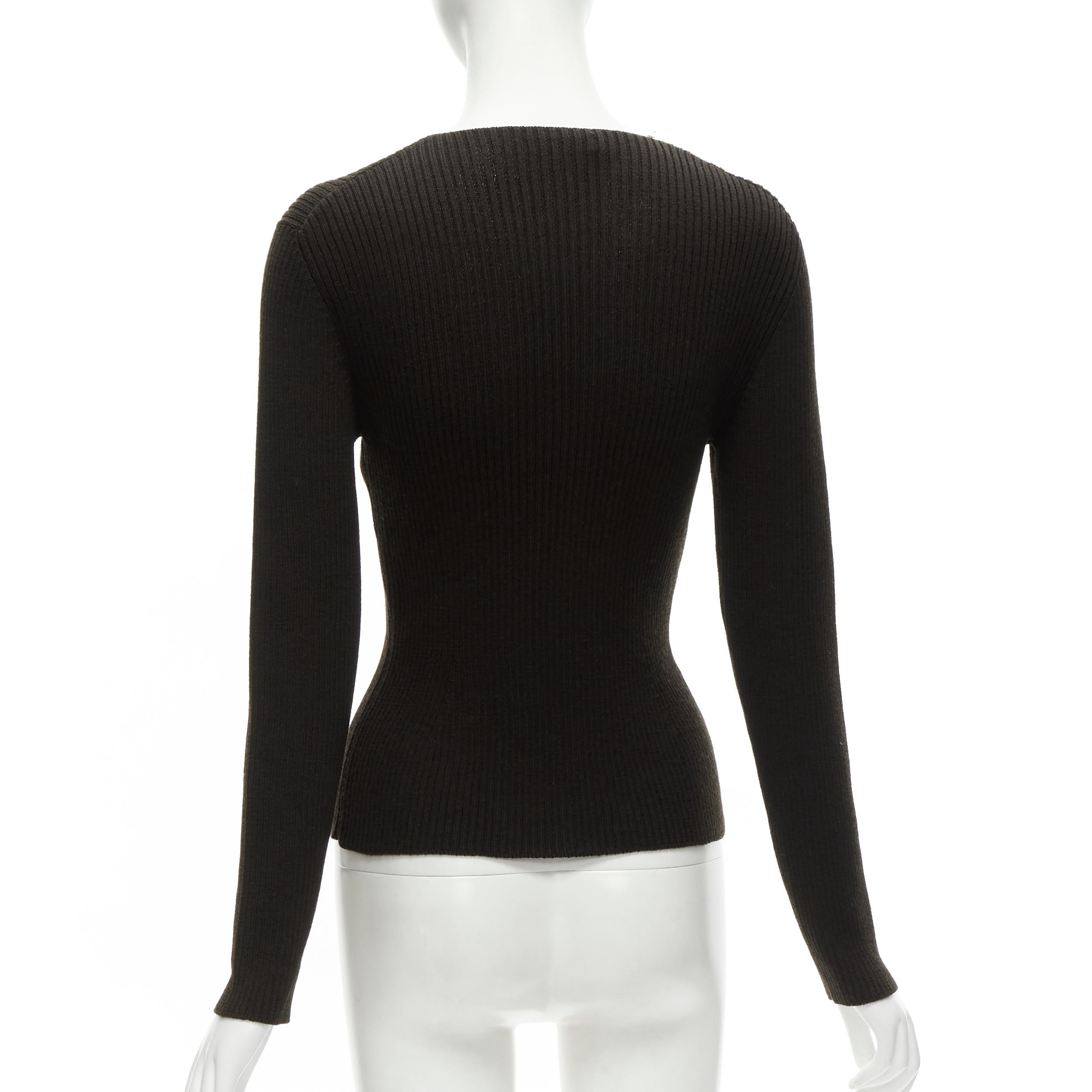 Women's PRADA 100% wool dark brown ribbed crew neck long sleeve sweater top IT42 M For Sale