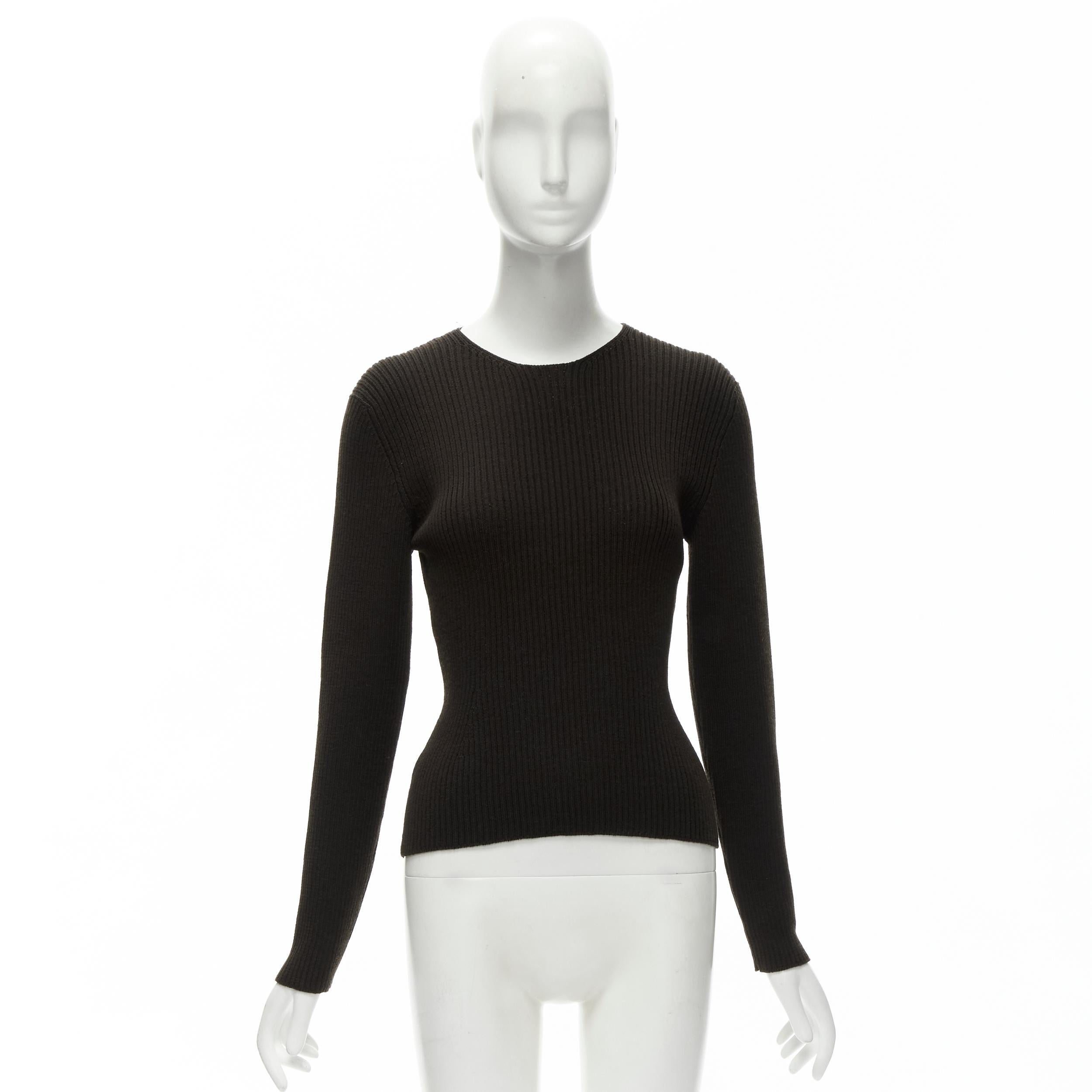 PRADA 100% wool dark brown ribbed crew neck long sleeve sweater top IT42 M For Sale 4