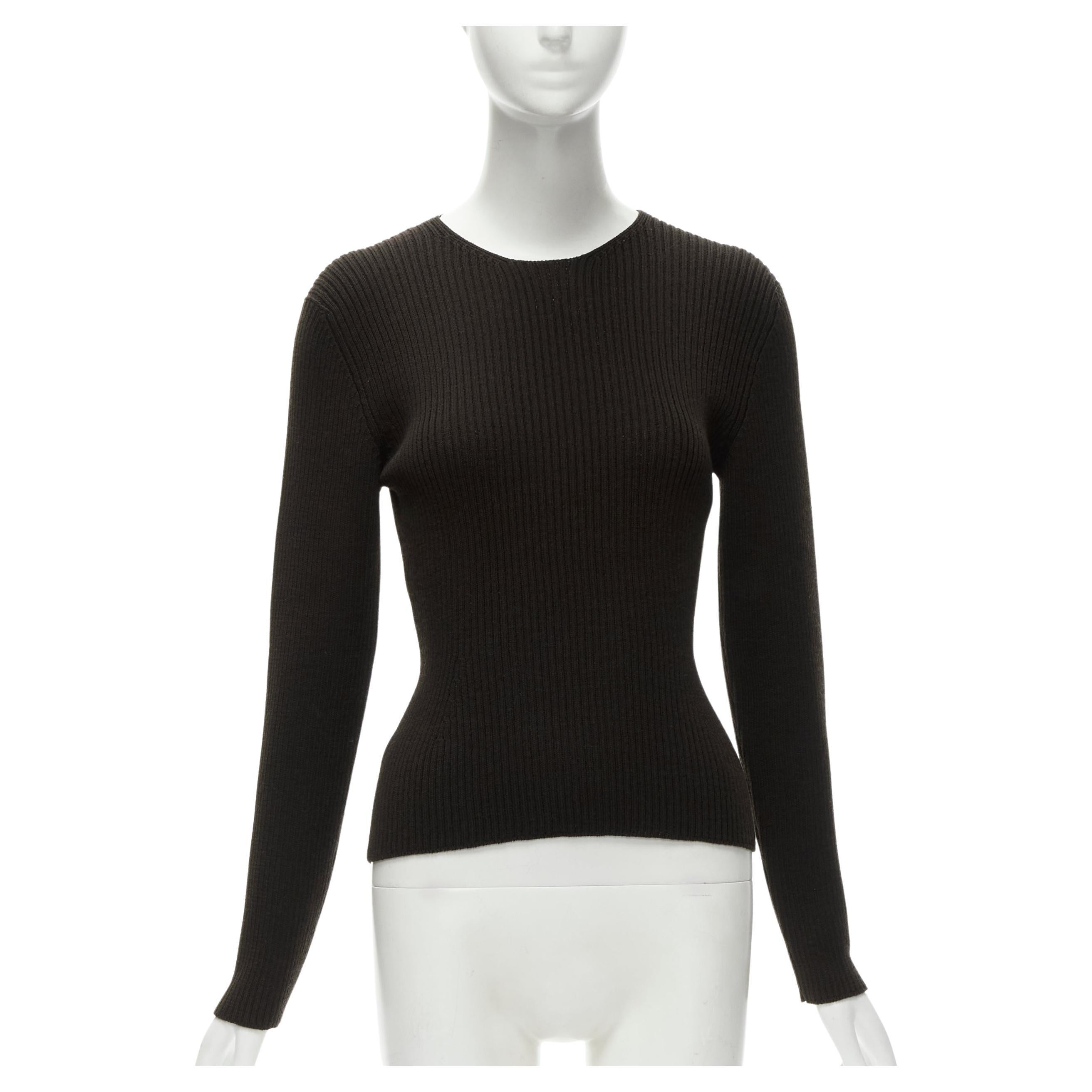 PRADA 100% wool dark brown ribbed crew neck long sleeve sweater top IT42 M For Sale