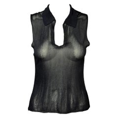Prada 1990s Black Sheer Fine-Knit Sleeveless Polo Top