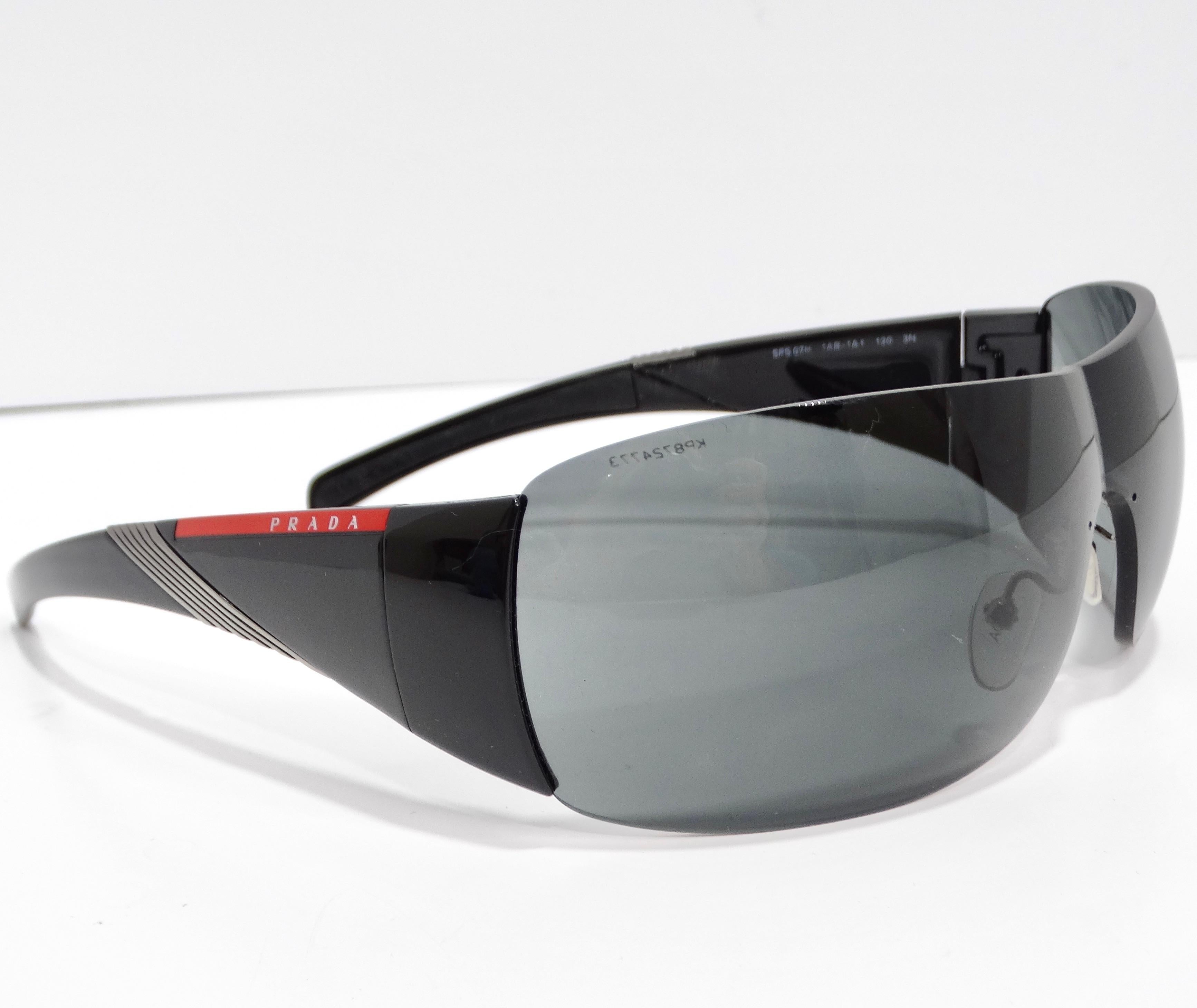 Prada 1990s Black Shield Style Sunglasses In New Condition For Sale In Scottsdale, AZ