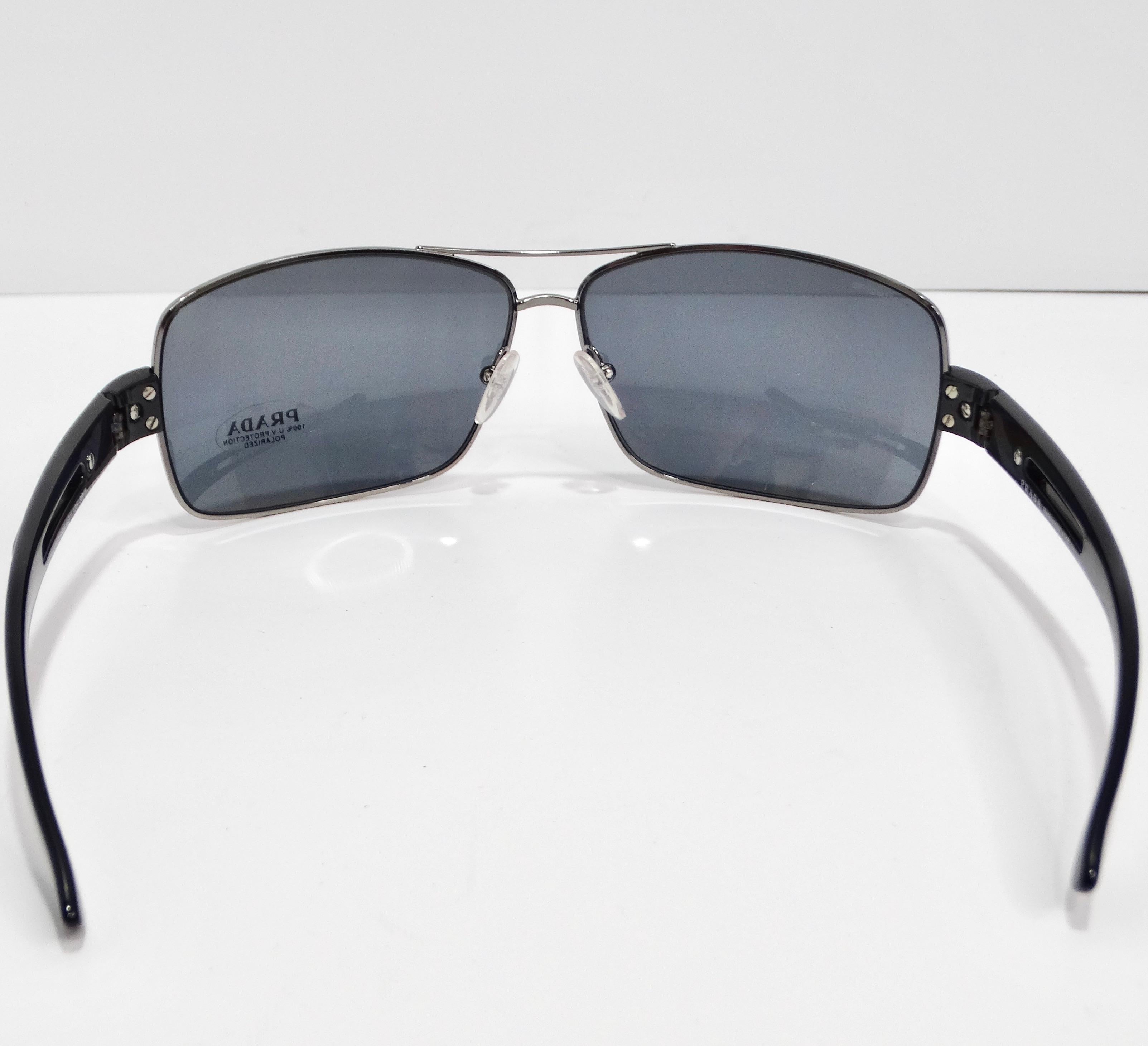 Prada 1990s Black Silver Tone Aviator Sunglasses For Sale 1
