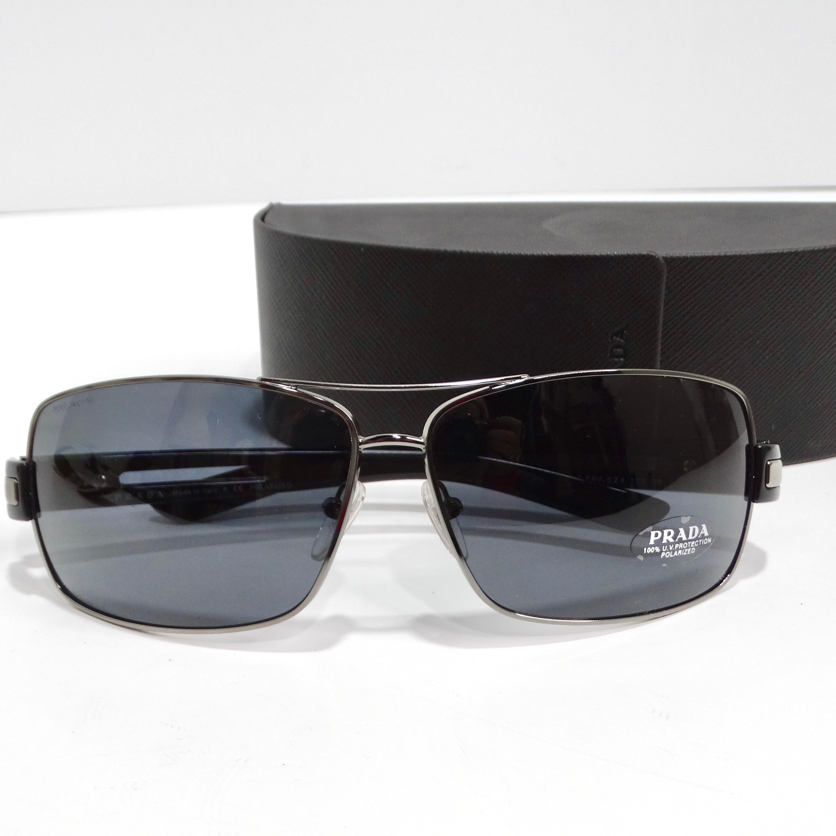 Prada 1990s Black Silver Tone Aviator Sunglasses For Sale 5