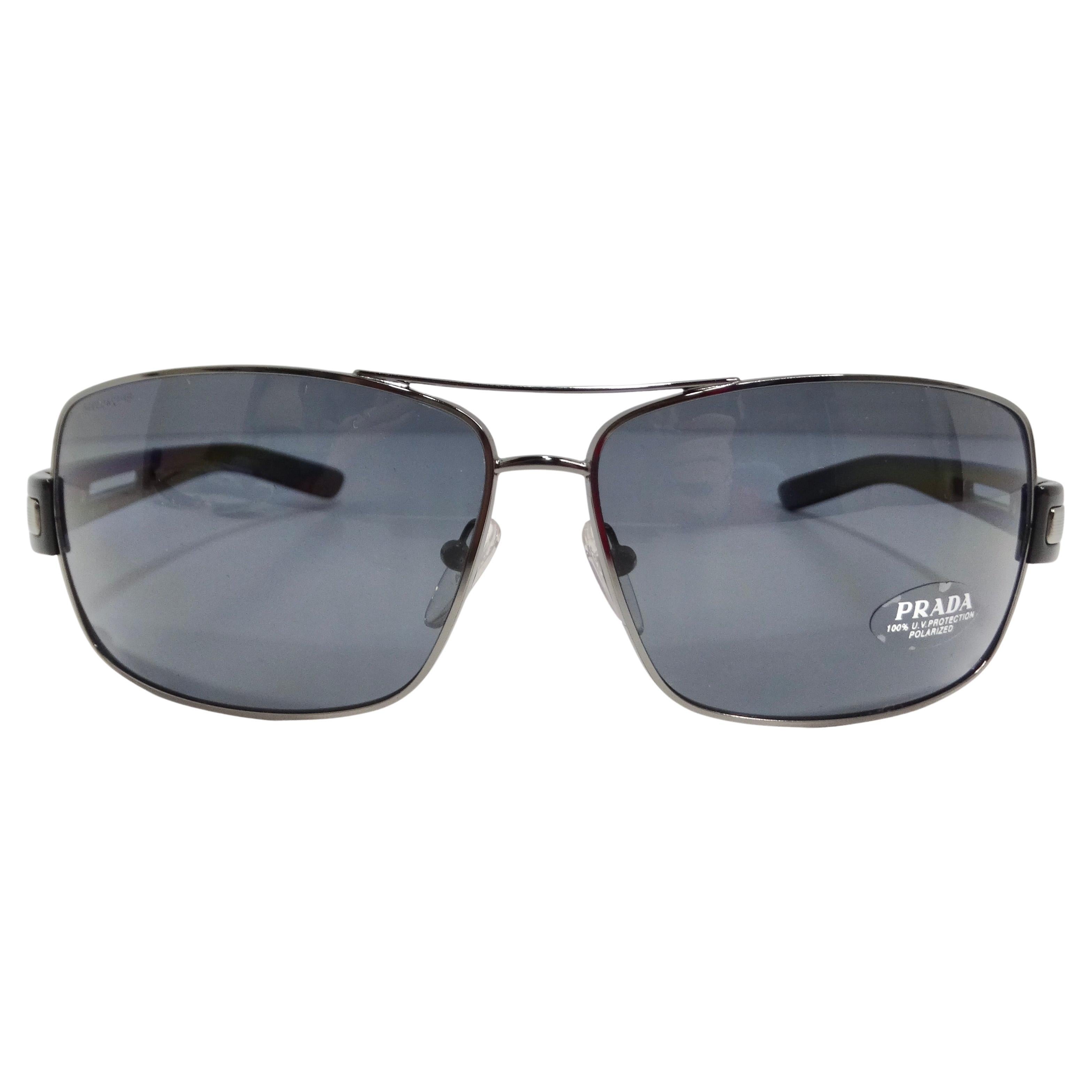 Prada 1990s Black Silver Tone Aviator Sunglasses For Sale