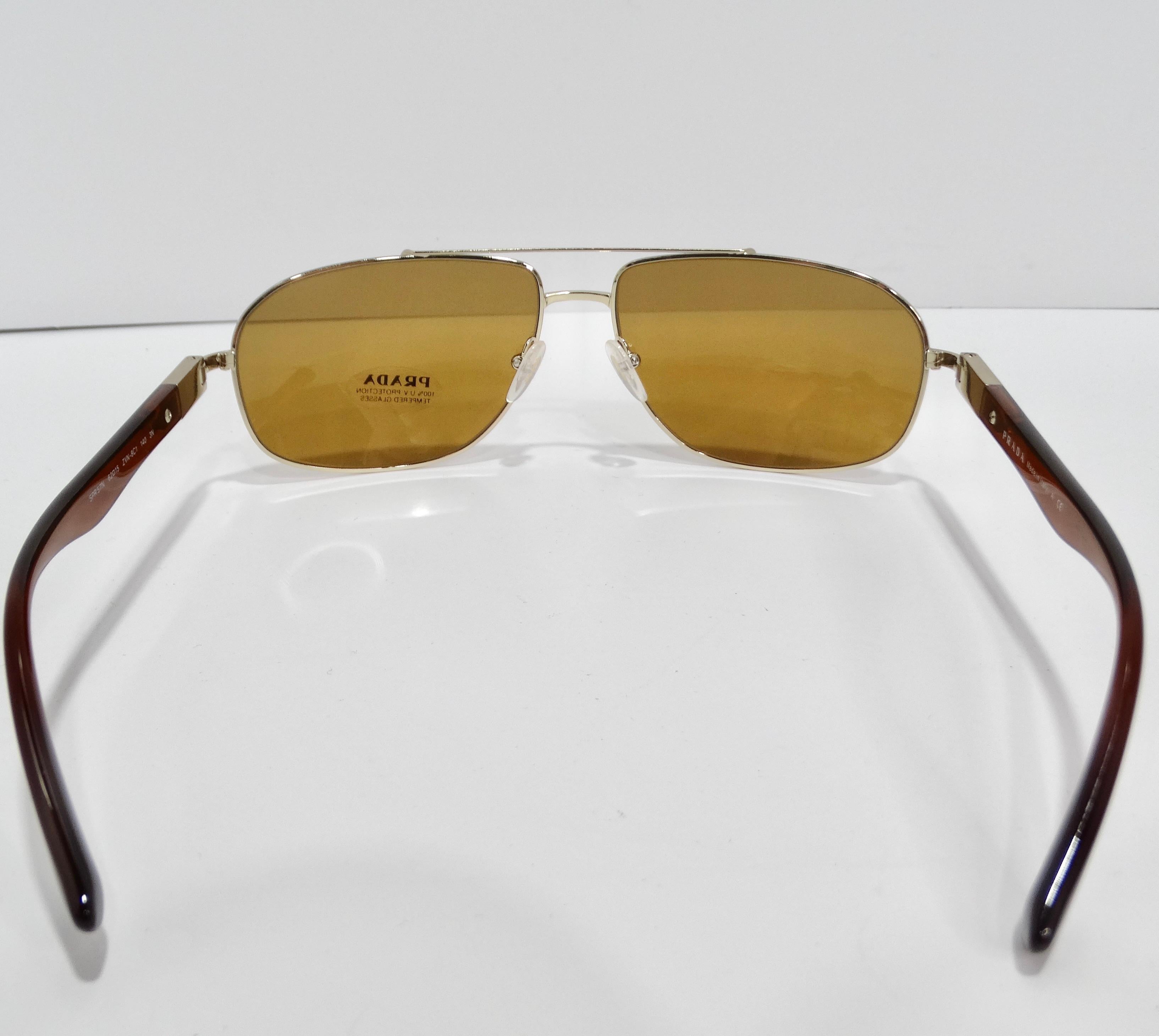Prada 1990s Brown Gold Tone Aviator Sunglasses For Sale 1