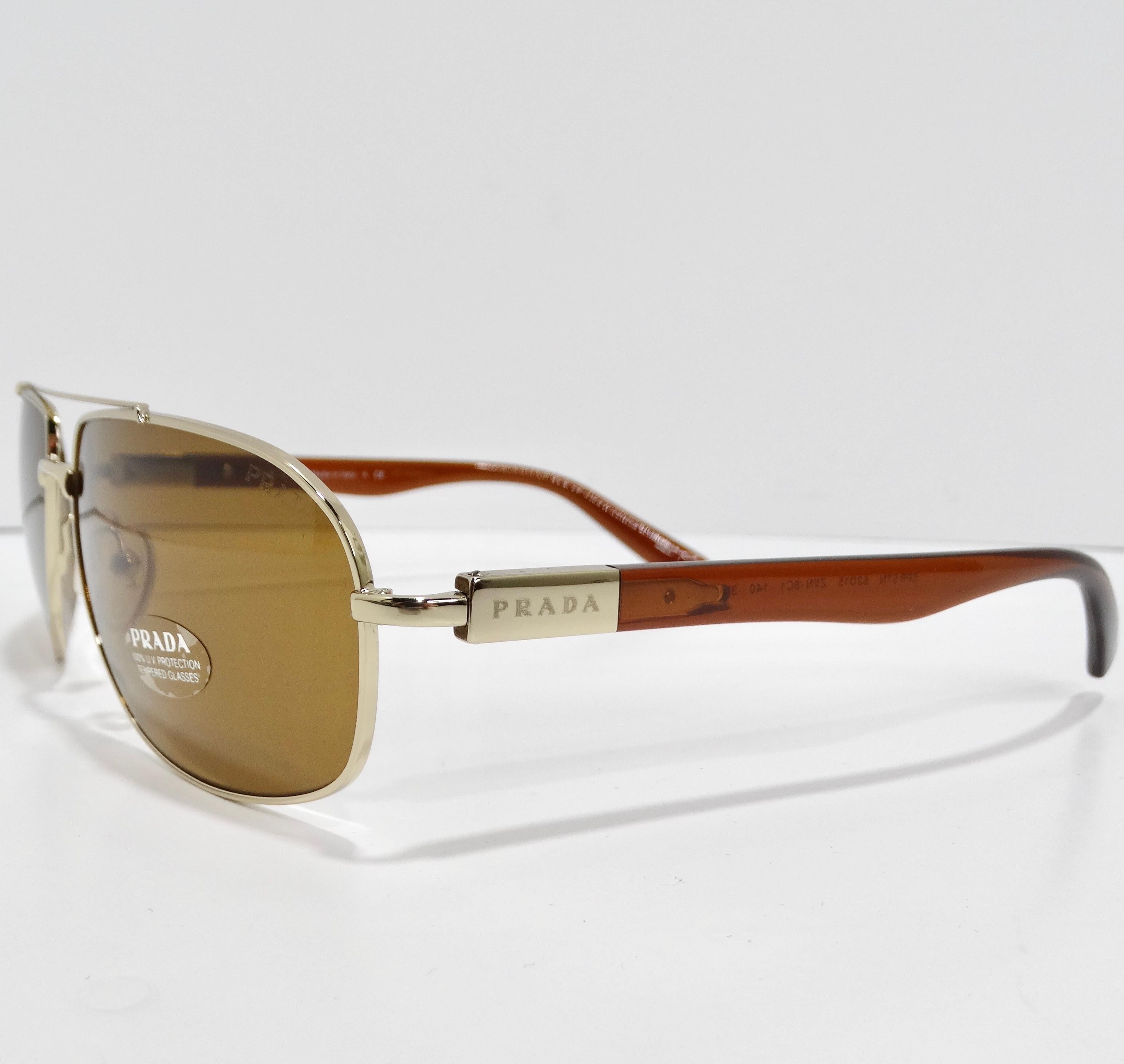Prada 1990s Brown Gold Tone Aviator Sunglasses For Sale 2