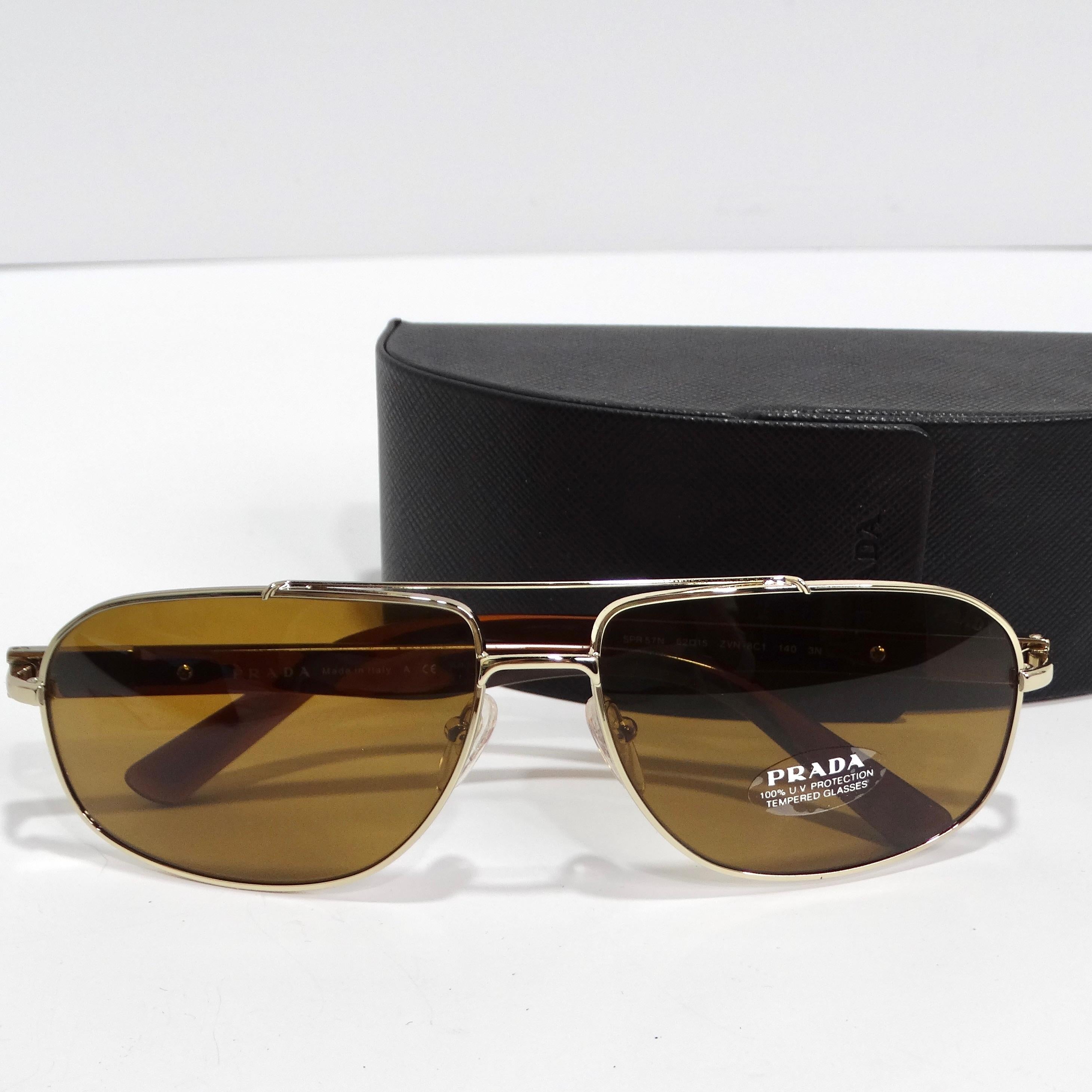 Prada 1990s Brown Gold Tone Aviator Sunglasses For Sale 5