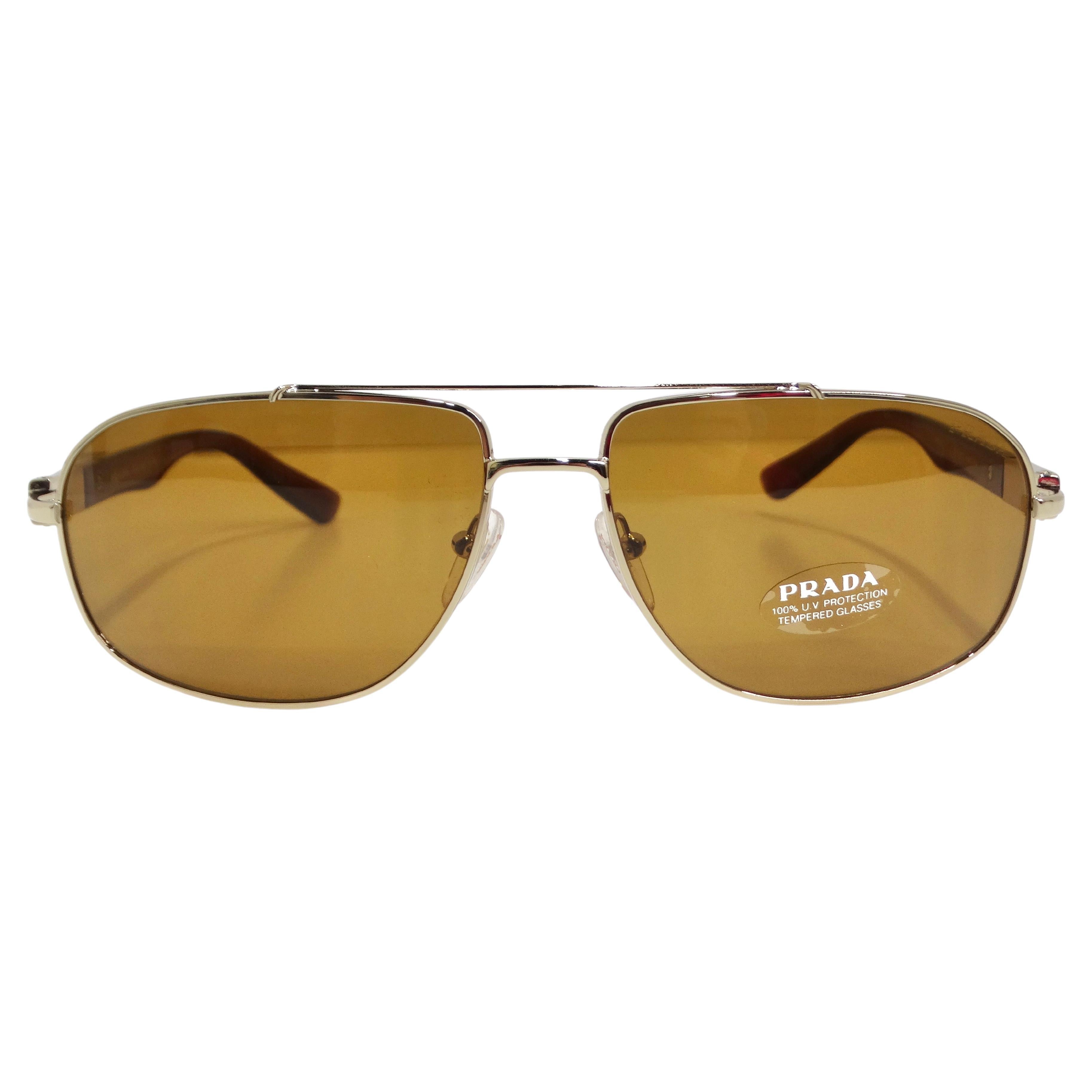 Prada 1990s Brown Gold Tone Aviator Sunglasses For Sale
