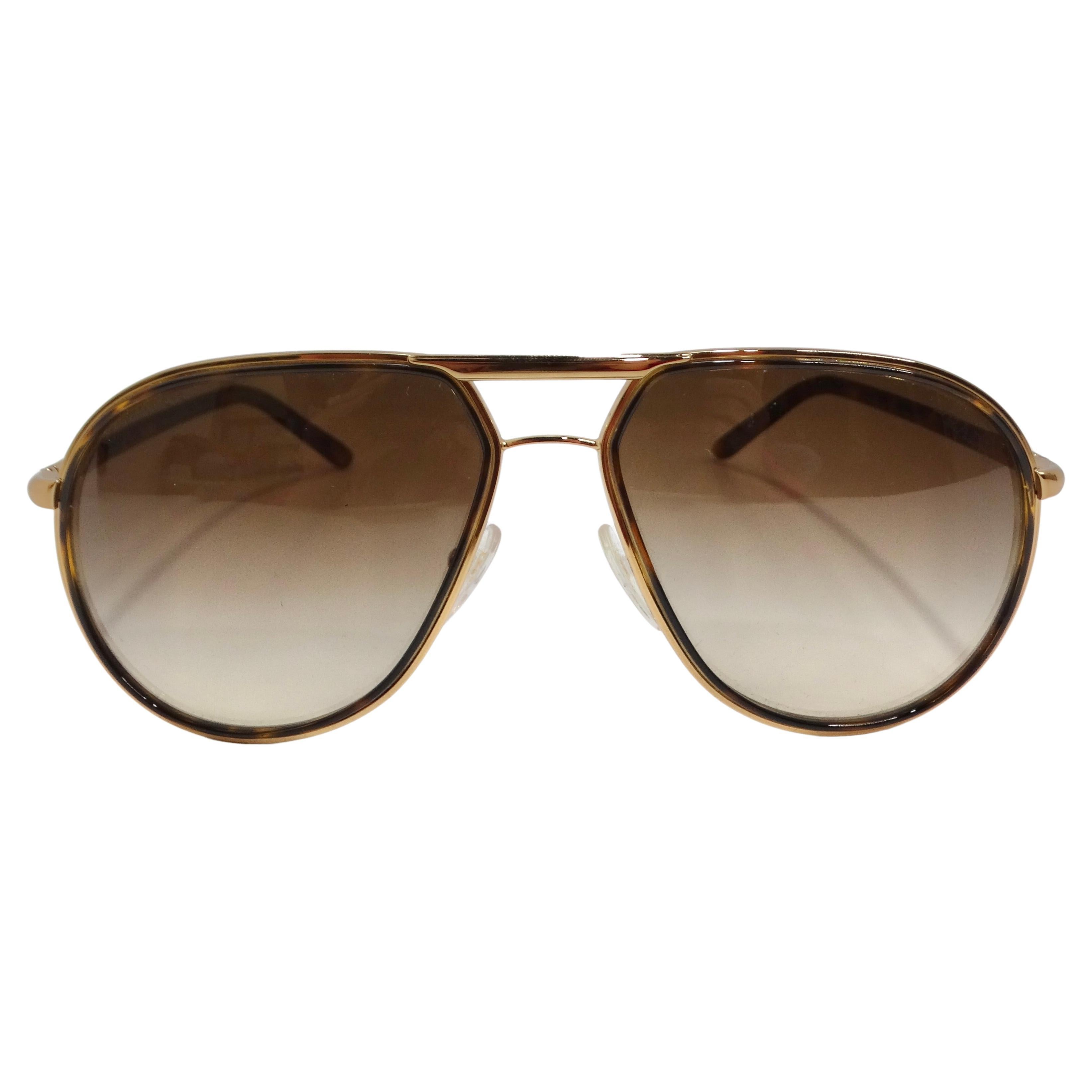 Prada 1990s Gold Tone Tortoise Shell Aviator Sunglasses For Sale