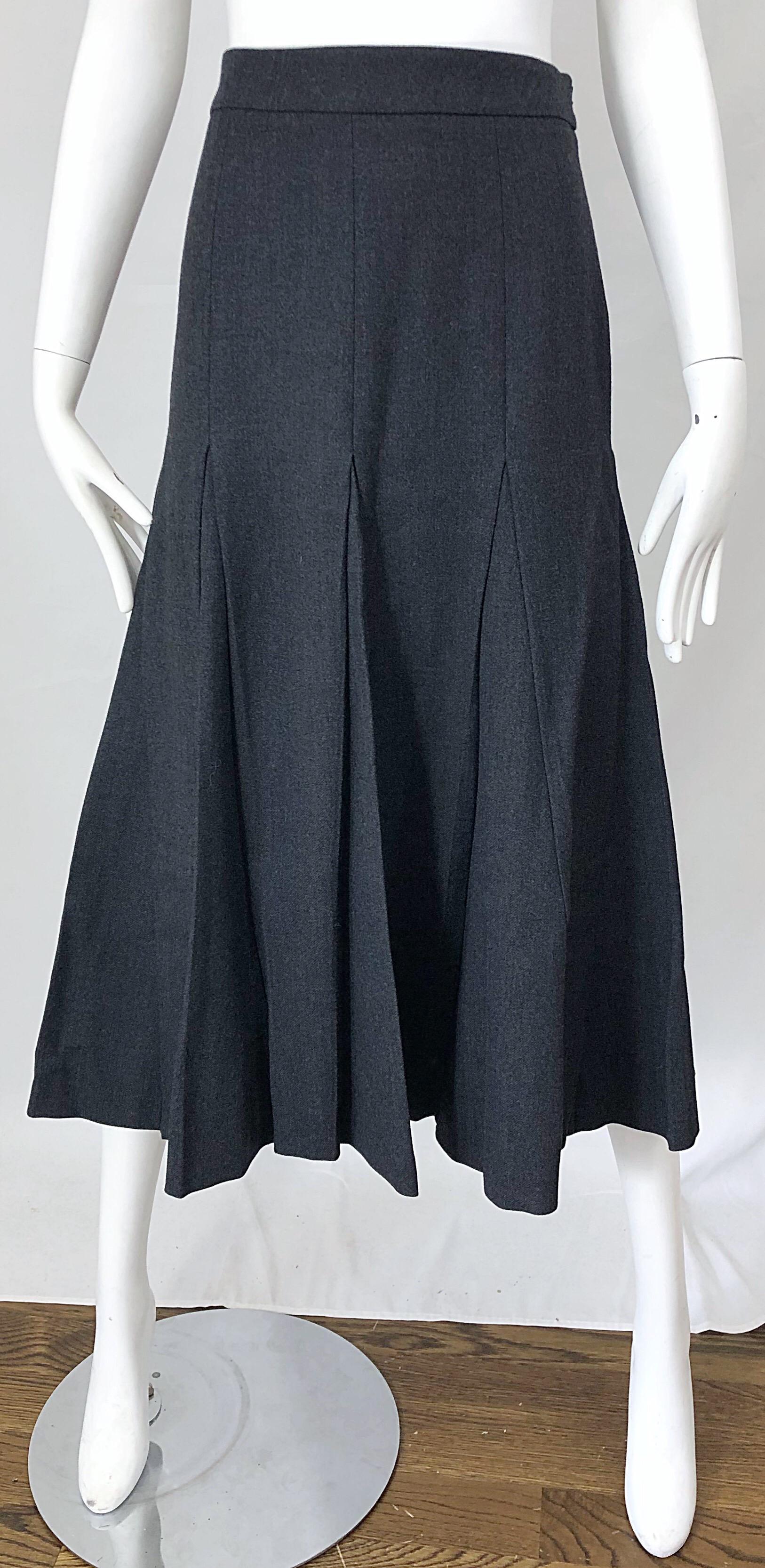 Prada 1990s Grey Wool Size 4 / 6 Pleated Trumpet Vintage 90s Midi Skirt 5