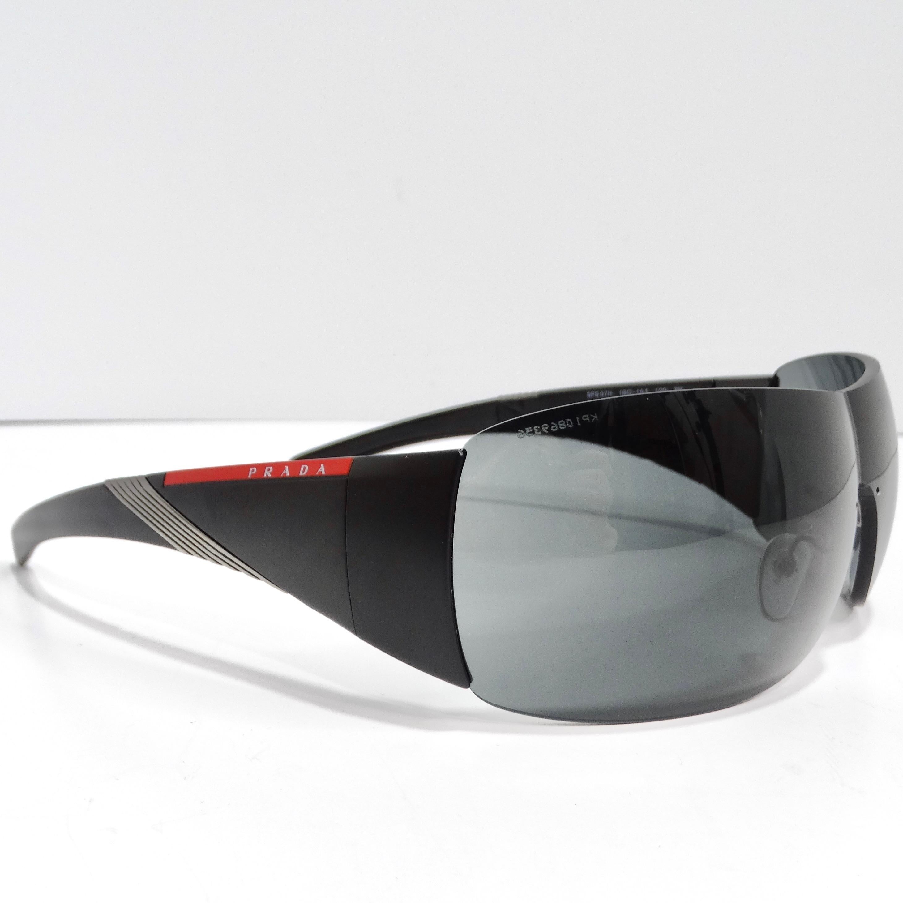 Prada 1990s Matte Black Shield Sunglasses In New Condition For Sale In Scottsdale, AZ