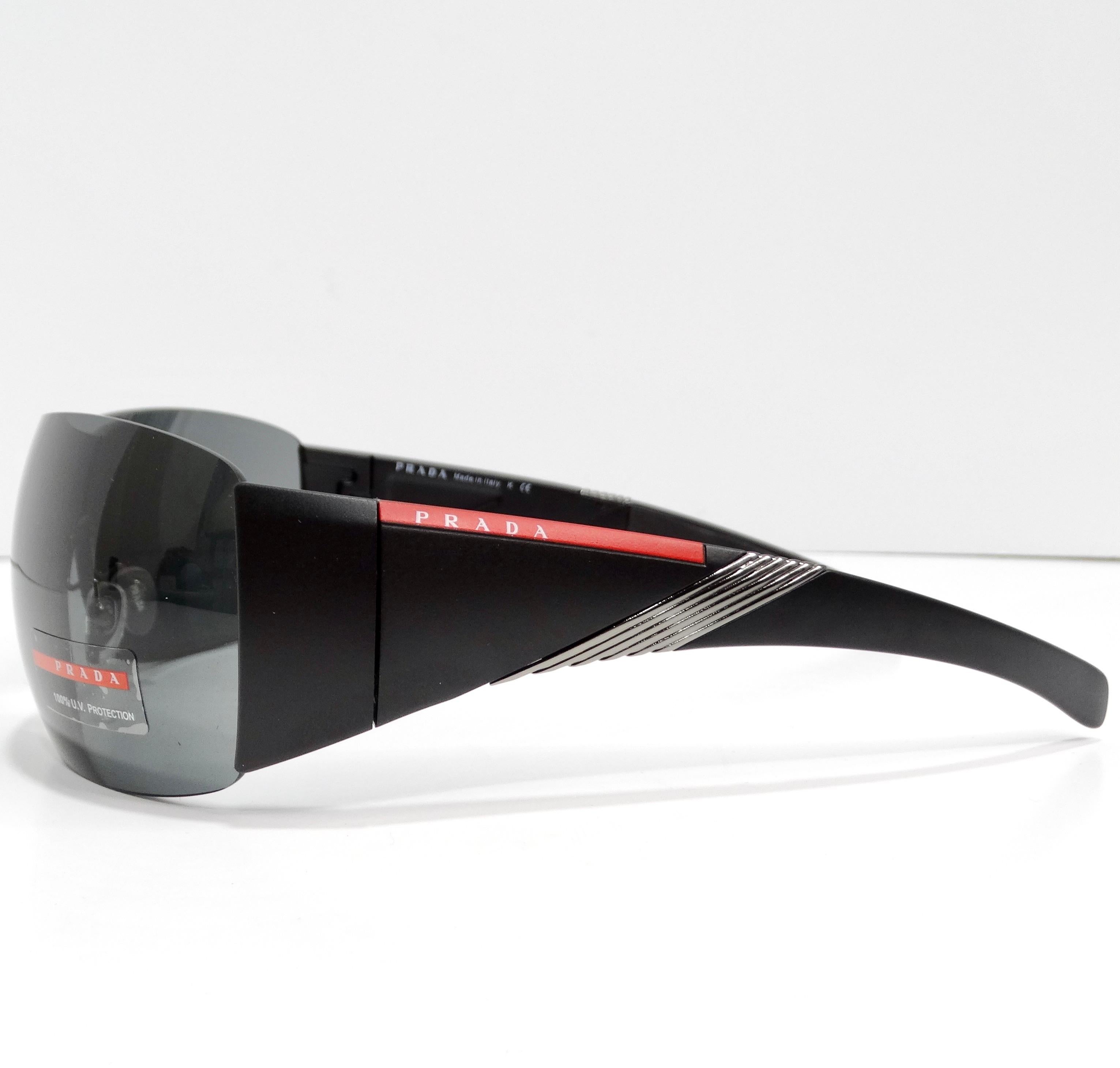 Prada 1990s Matte Black Shield Sunglasses For Sale 2