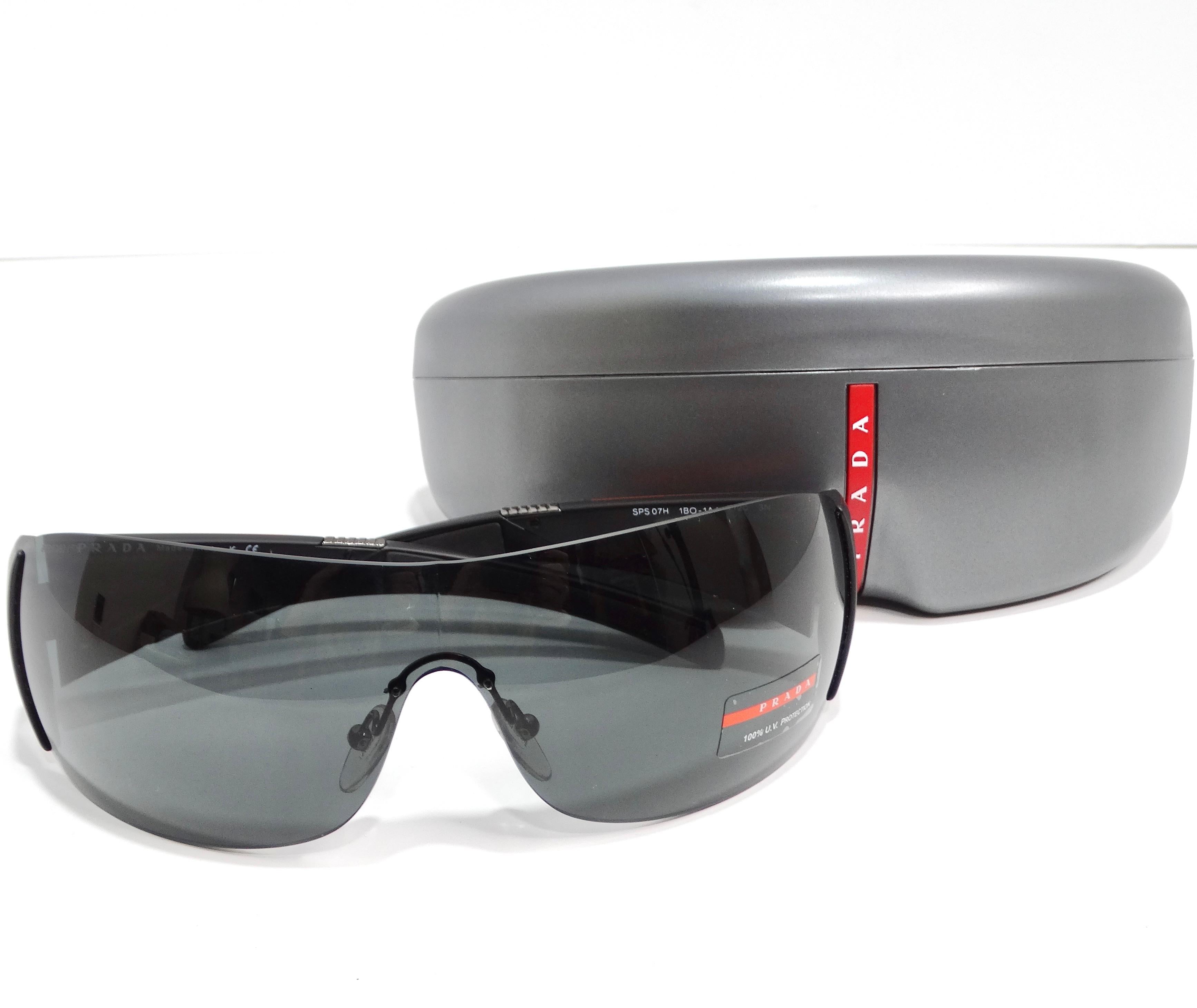 Prada 1990s Matte Black Shield Sunglasses For Sale 5