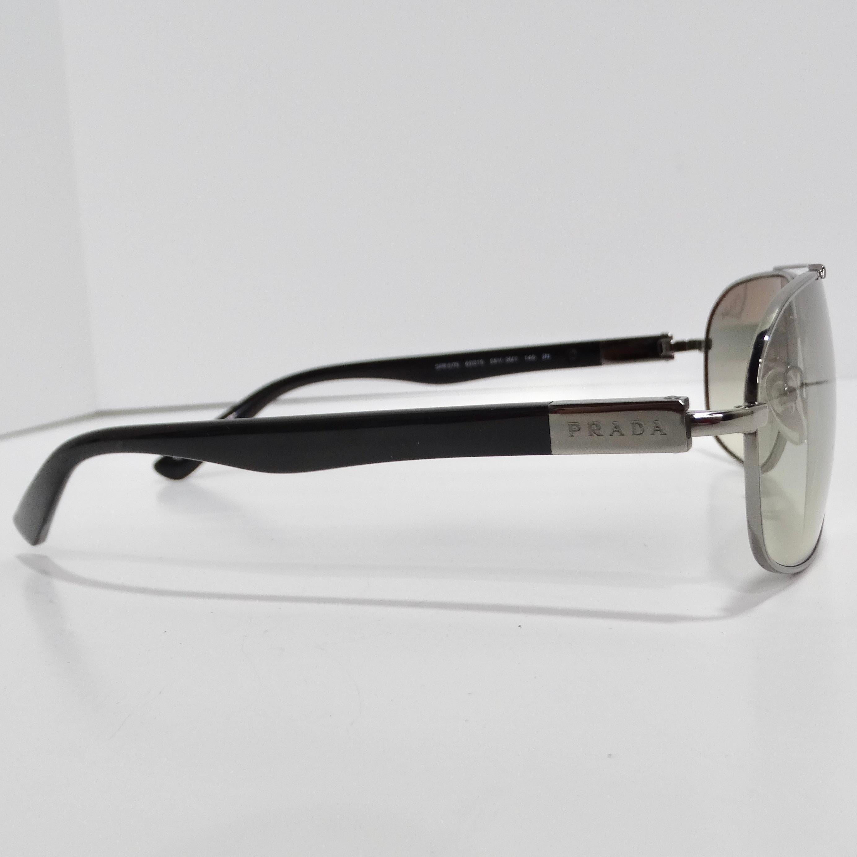 Prada 1990s Silver Tone Aviator Sunglasses In New Condition For Sale In Scottsdale, AZ
