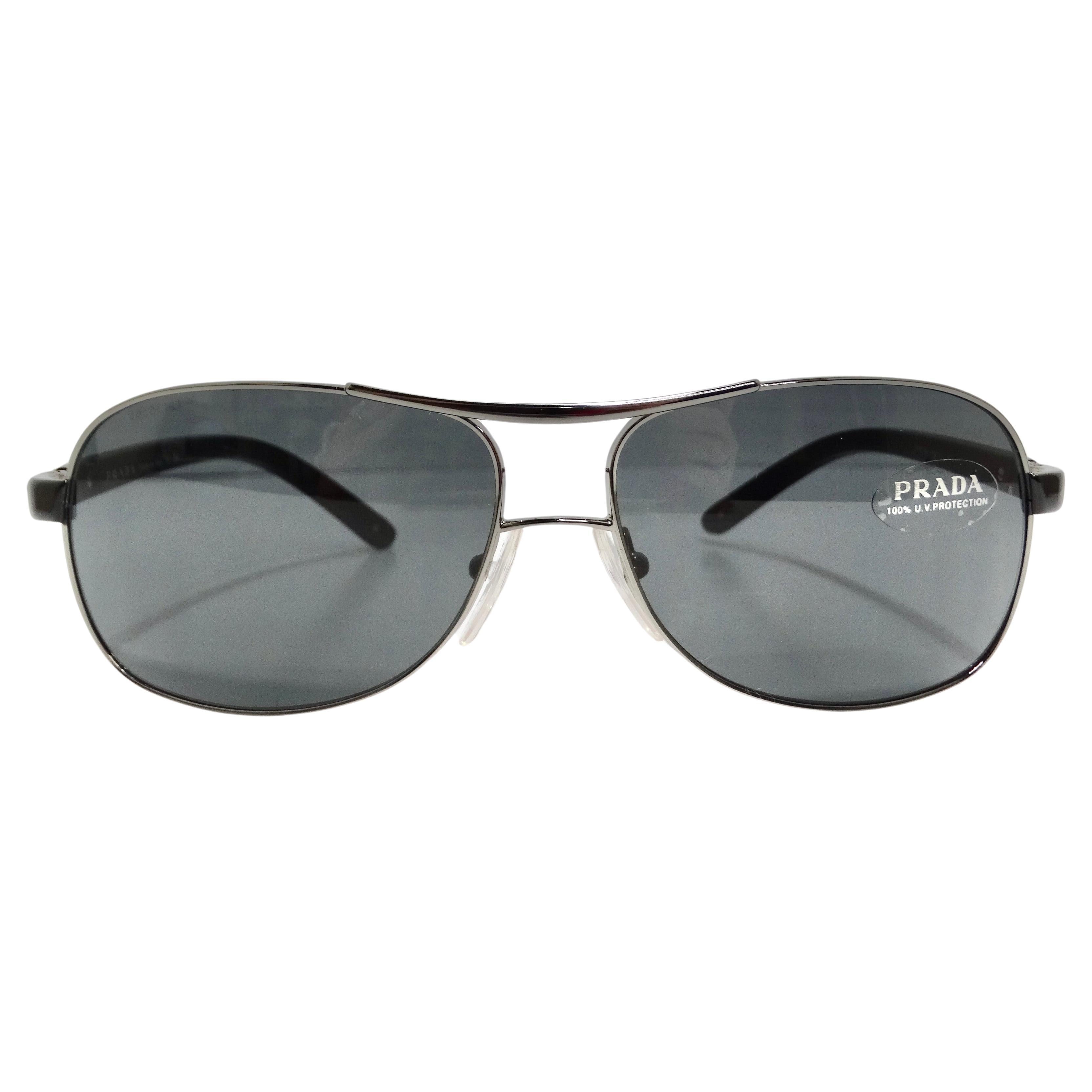 Prada 1990s Silver Tone Aviator Sunglasses For Sale