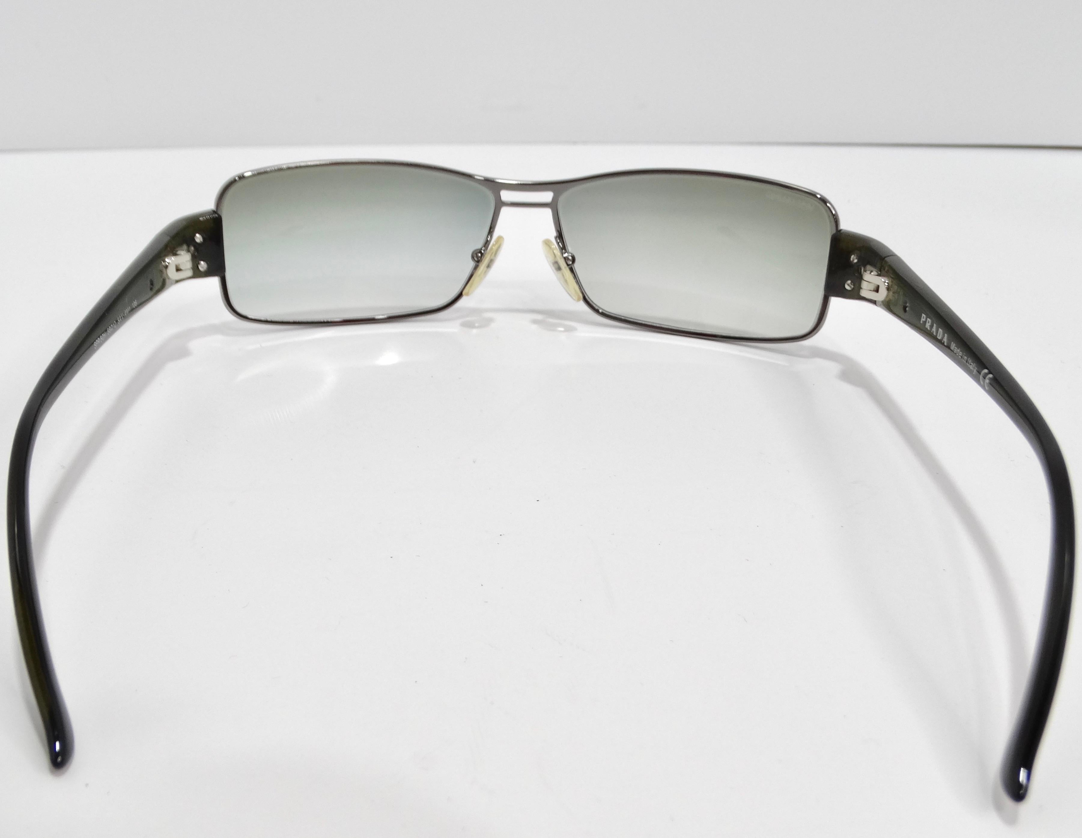 Prada 1990s Silver Tone Green Rectangular Sunglasses For Sale 1