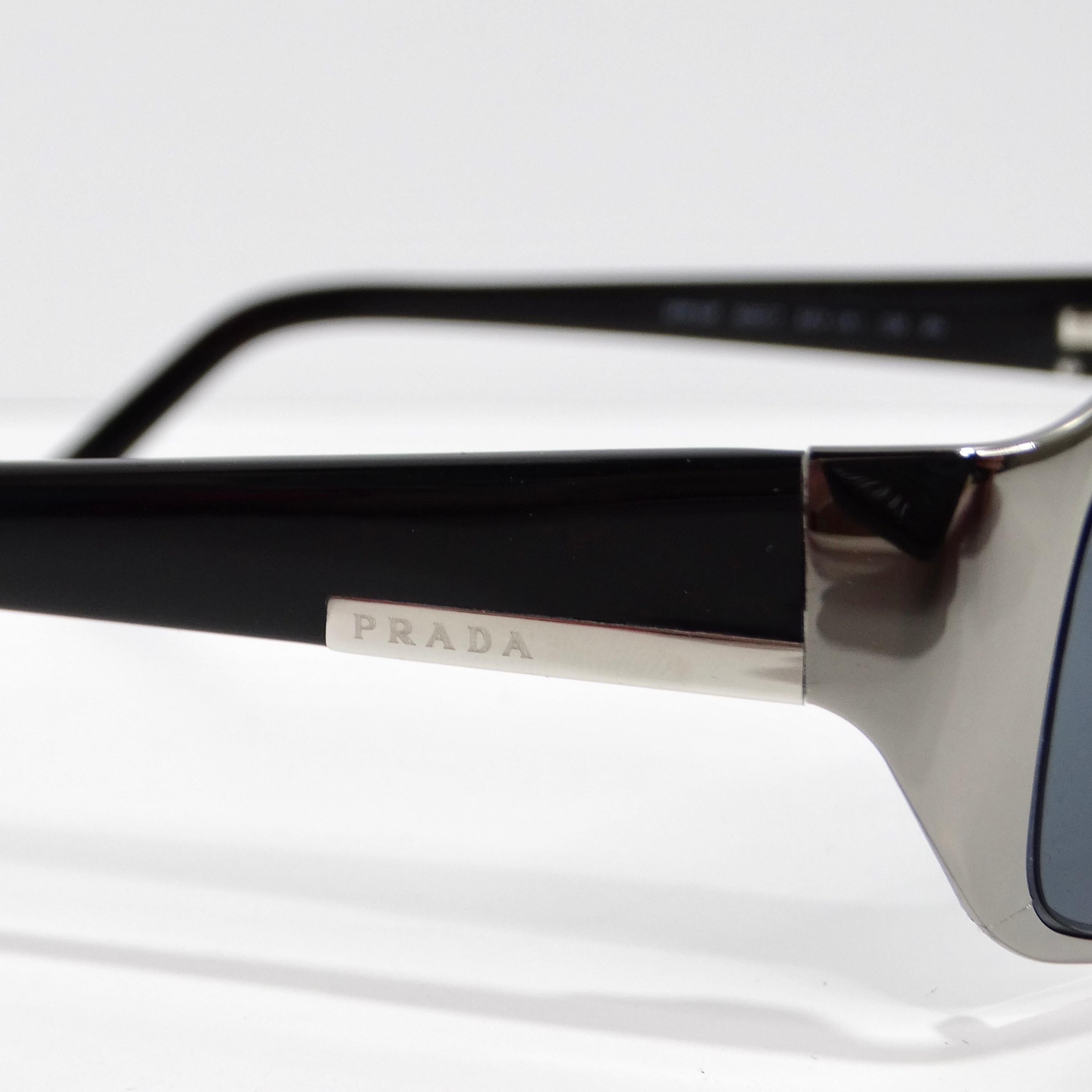 Prada 1990s Silver Tone Rectangular Frame Sunglasses In New Condition For Sale In Scottsdale, AZ