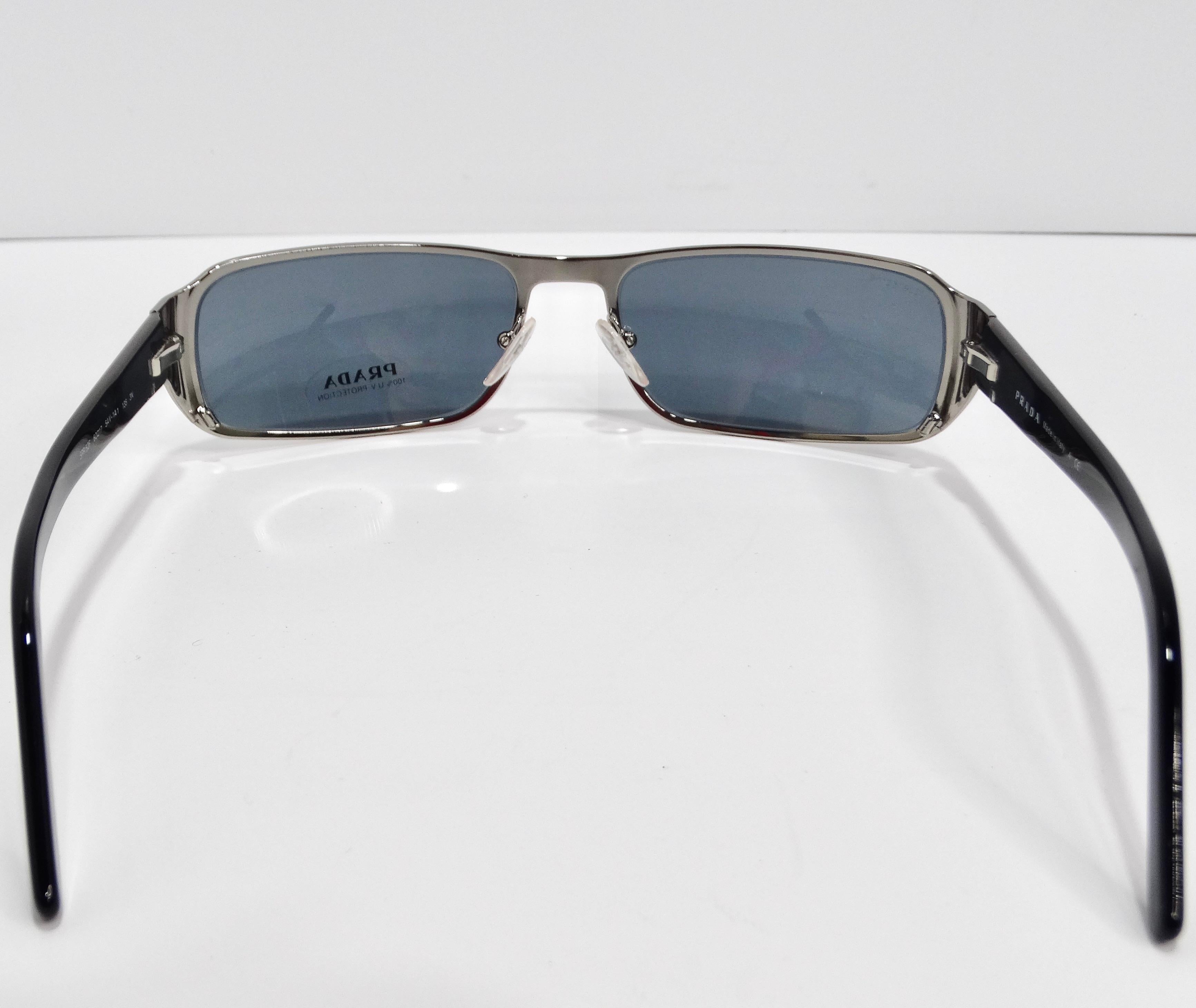 Prada 1990s Silver Tone Rectangular Frame Sunglasses For Sale 1