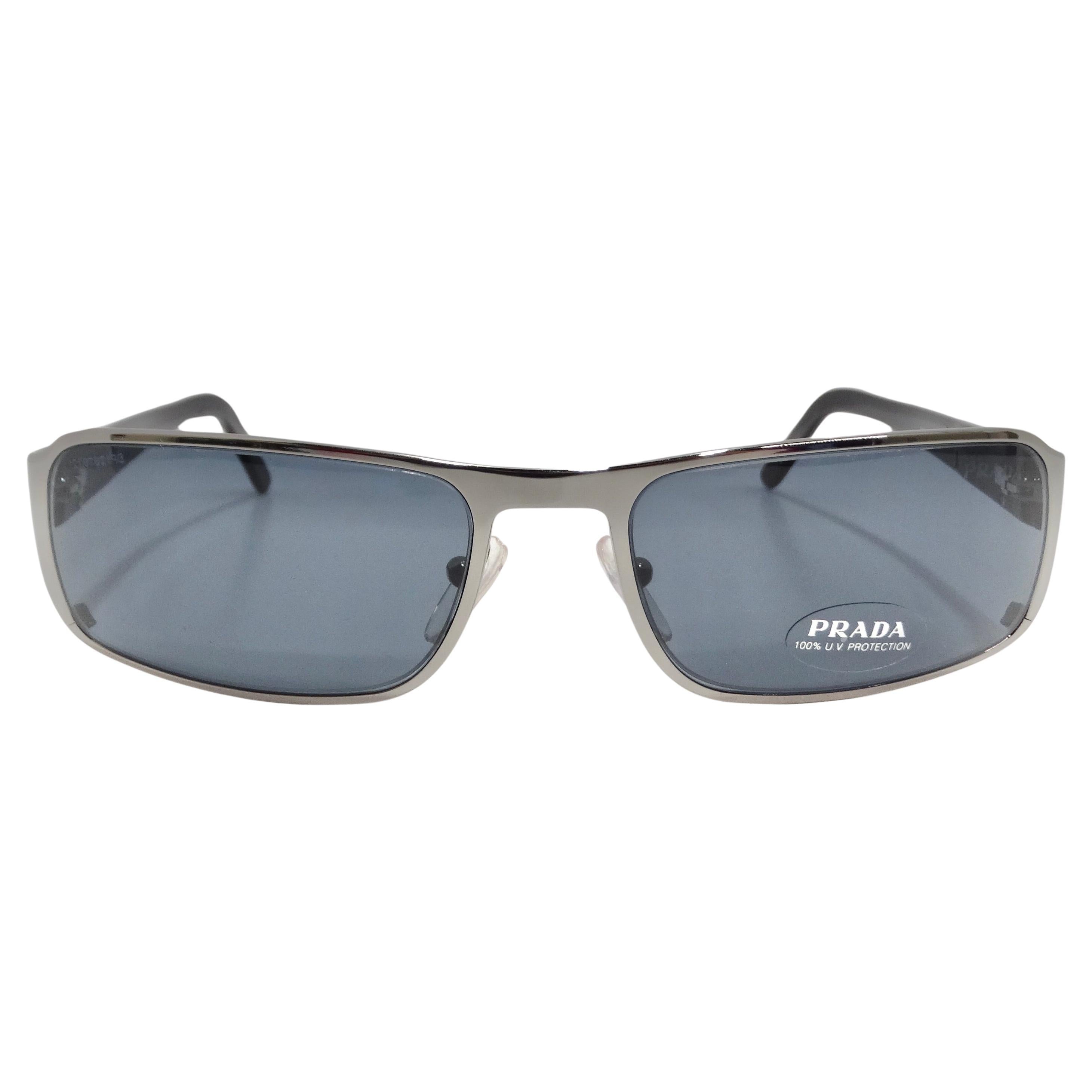 Prada 1990s Silver Tone Rectangular Frame Sunglasses For Sale